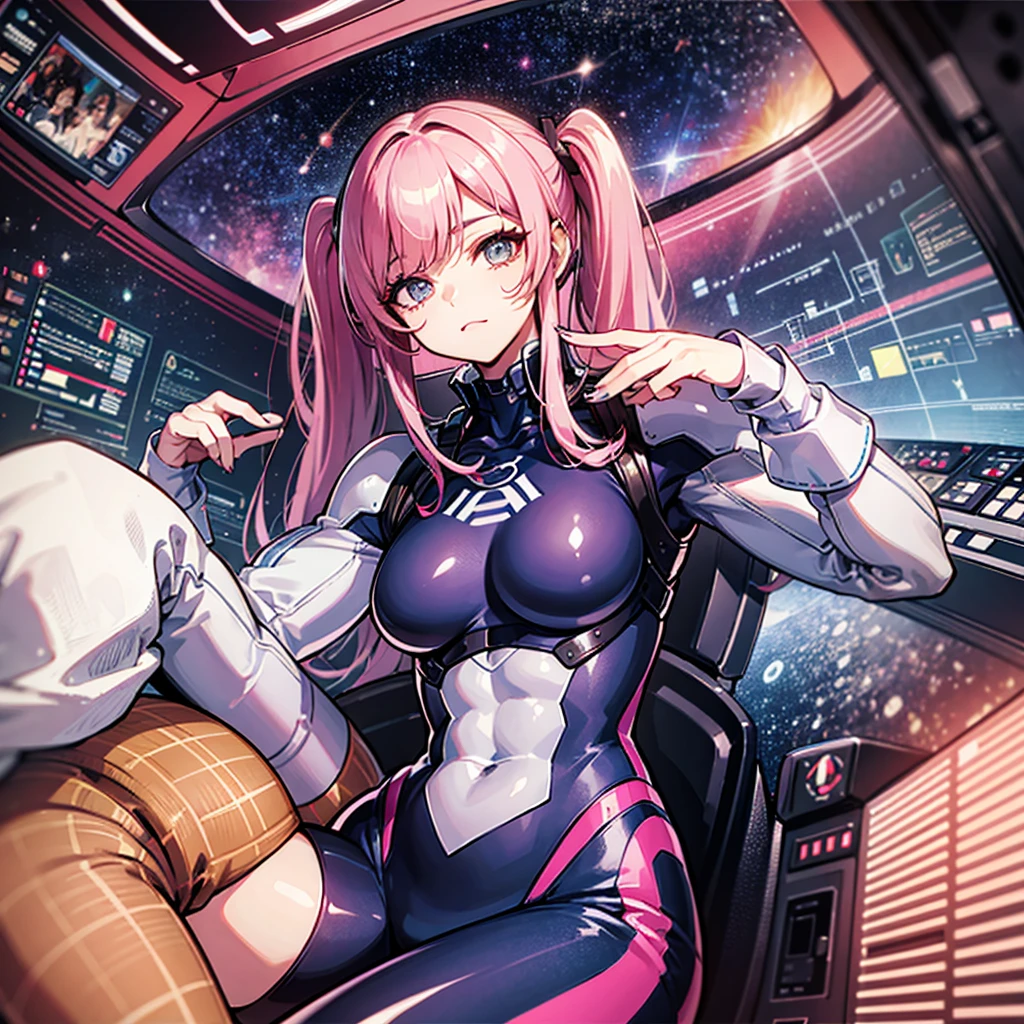 ((Masterpiece)), ((Highest Image Quality)), ((Best Quality)), (One Illustration), Full Body, 25 Years Old, (Face is a girl, Body is a man)), (((Pink Hair Twin Tails)), Light Gray Eyes, (((Tall))), (Muscular Strong Man's Body)), ((Muscular Chest Plate)), (Muscular and Thick Arms))), (Muscular and Thick Legs)), (Manspreading)), Open legs, (( White pilot suit)), ((in the cockpit)), (Space on monitor, Earth seen from space, spaceport)