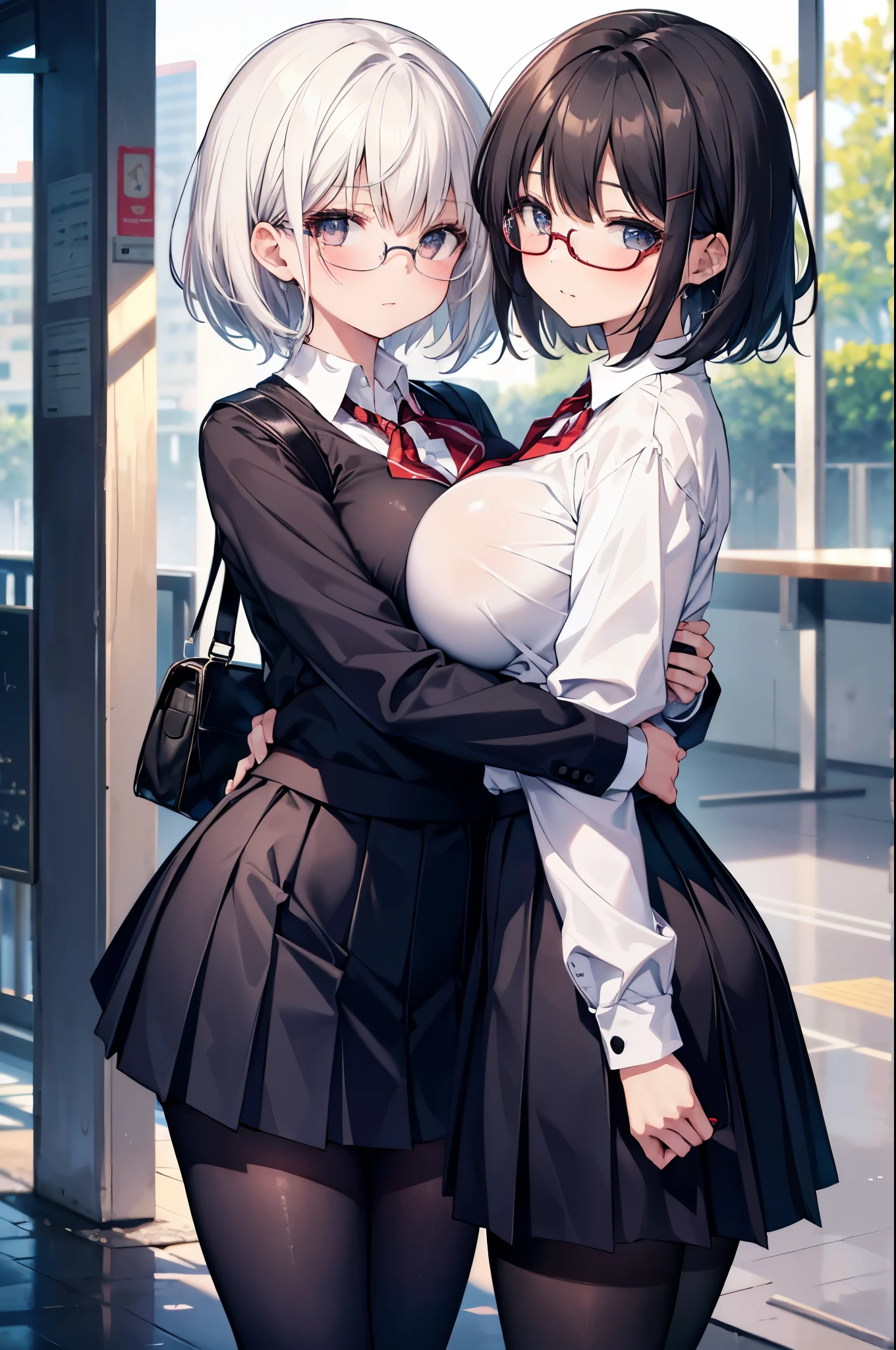 2girls, hug each other, glasses, blush, (slim body:1.2), (huge breasts:1.1), (slender legs:1.1), short hair, long hair, black hair, school uniform, white long sleeve shirt, pleated skirt, (black tights:1.1),