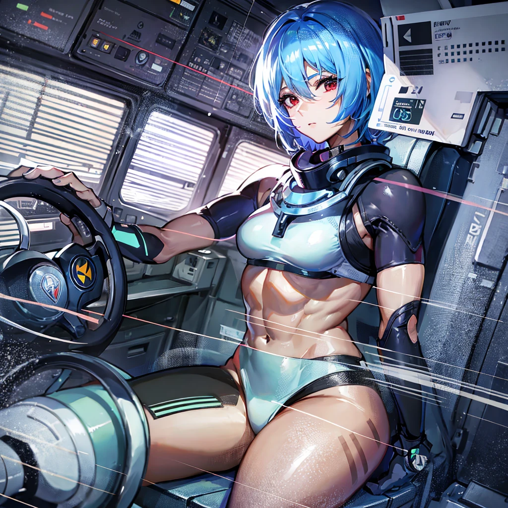 (((masterpiece、Top image quality、top-quality、highly detailed unity 8kwall-paper)))、((Illustration of one girl))、(pilot)、(((blue silver short hair)))、Red eyes、((Tall))、(((Muscle Girl、Muscular and strong body、abdominals、muscular and thick arms、muscular and thick legs、stocky build、muscular legs、broad shoulders))))、(((白いpilotスーツ)))、((manspreading、Sitting in the cockpit、armpit))、((space fighter cockpit、The Universe on the Monitor、Earth seen from space))