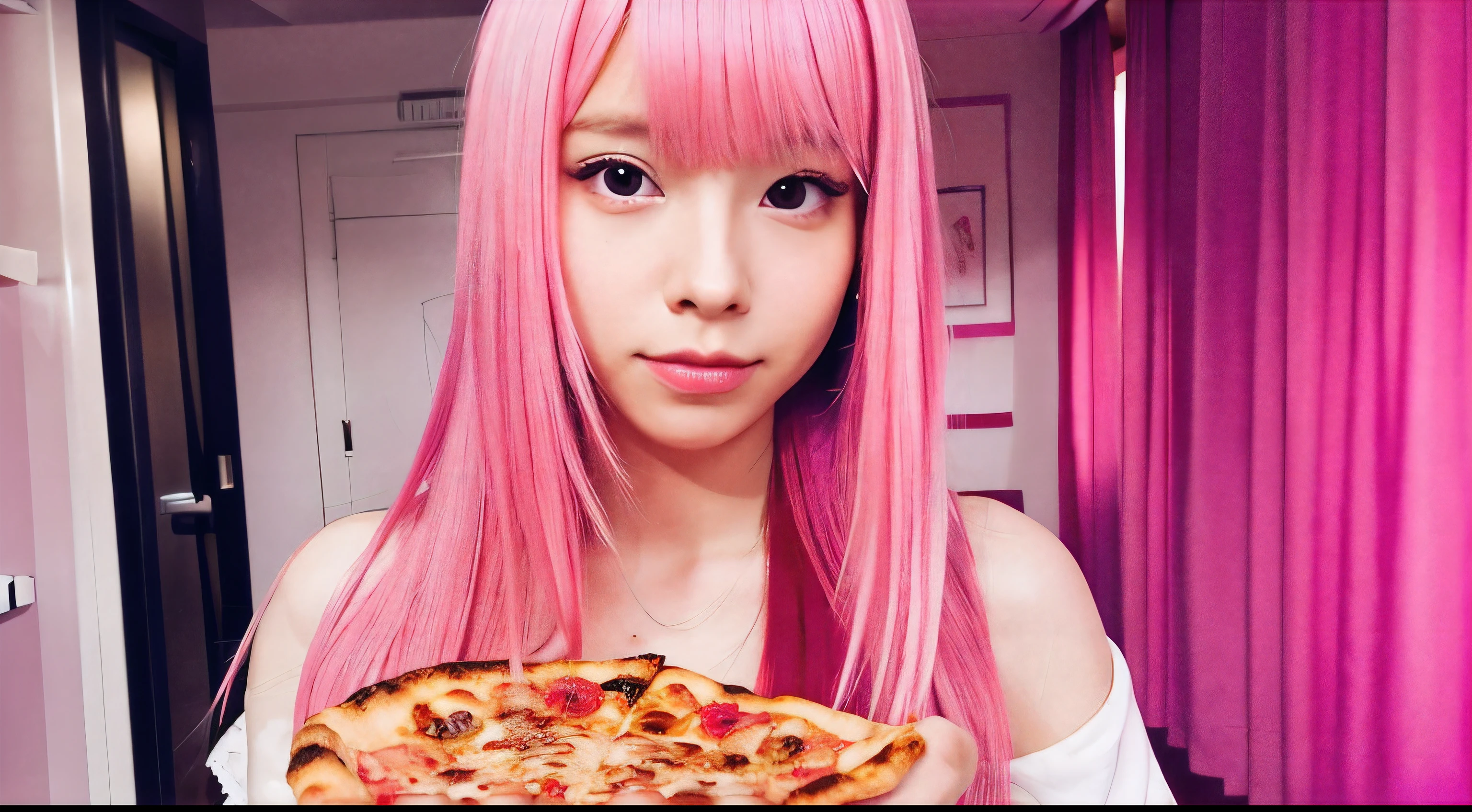 Pink hair girl, bangs, long hair, sexy, cleavege, front, in the room, look at camera straight, white backround, eating pizza, sexy
