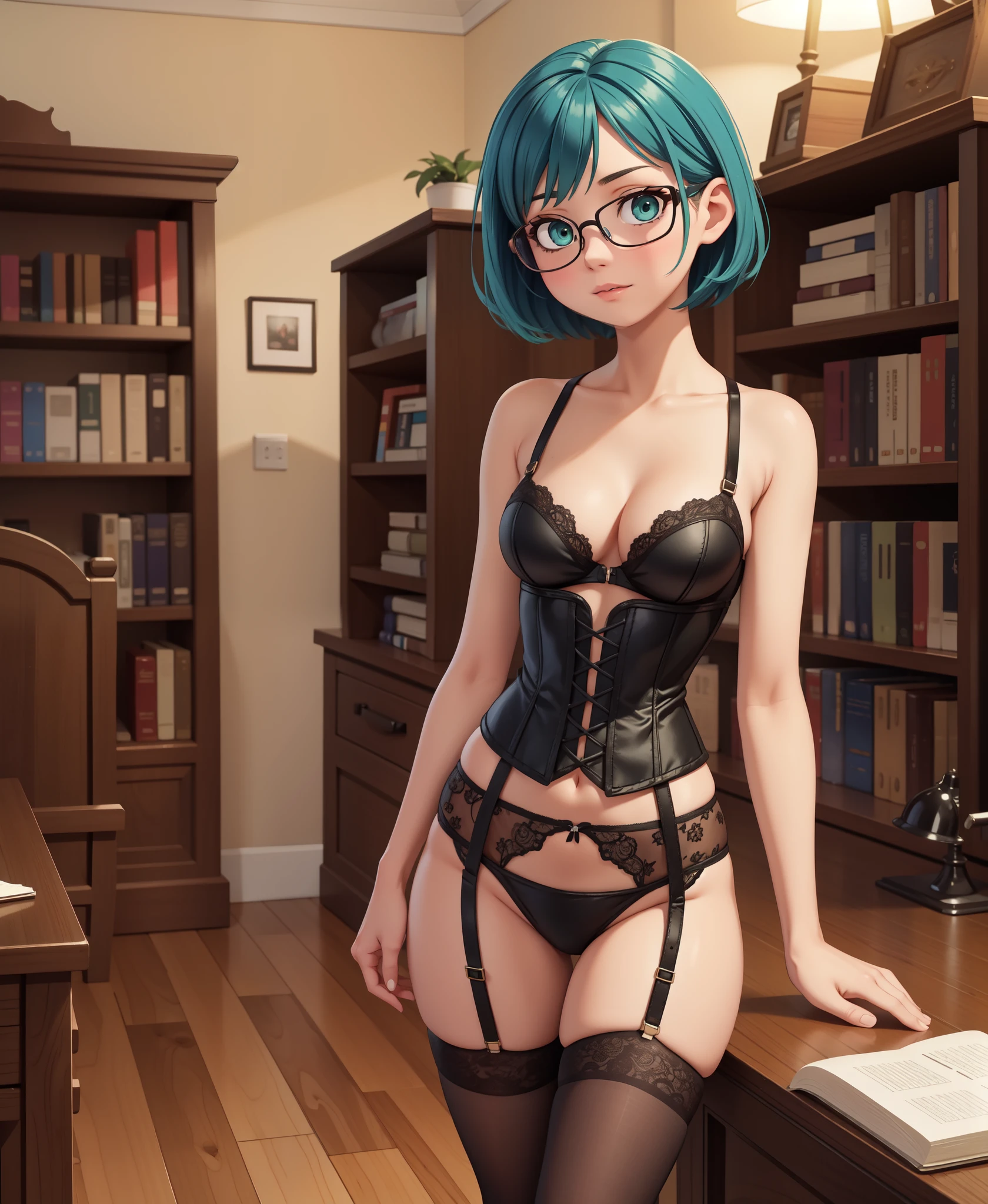 (best quality), (masterpiece), 1girl, small breasts, small hips, green eyes, blue hair, black corset, lace skirt, garter belt, black legwear, old library, glasses,