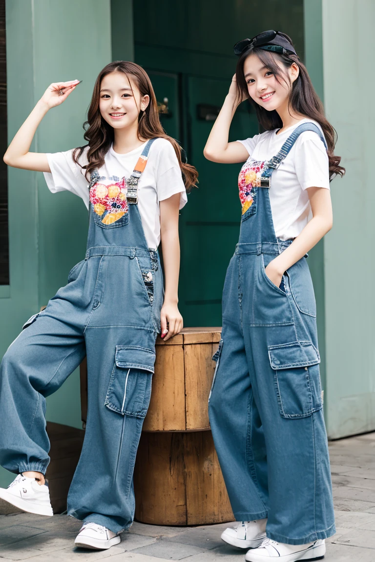 Two beautiful girls、(Beautiful girl wearing overalls、17 age、Spinning、A delightful、)(tshirts、Beautiful girl wearing cargo pants、17 age、Spinning、A delightful)、