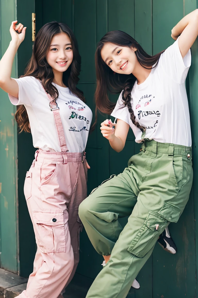 Two beautiful girls、(Beautiful girl wearing overalls、17 age、Spinning、A delightful、)(tshirts、Beautiful girl wearing cargo pants、17 age、Spinning、A delightful)、