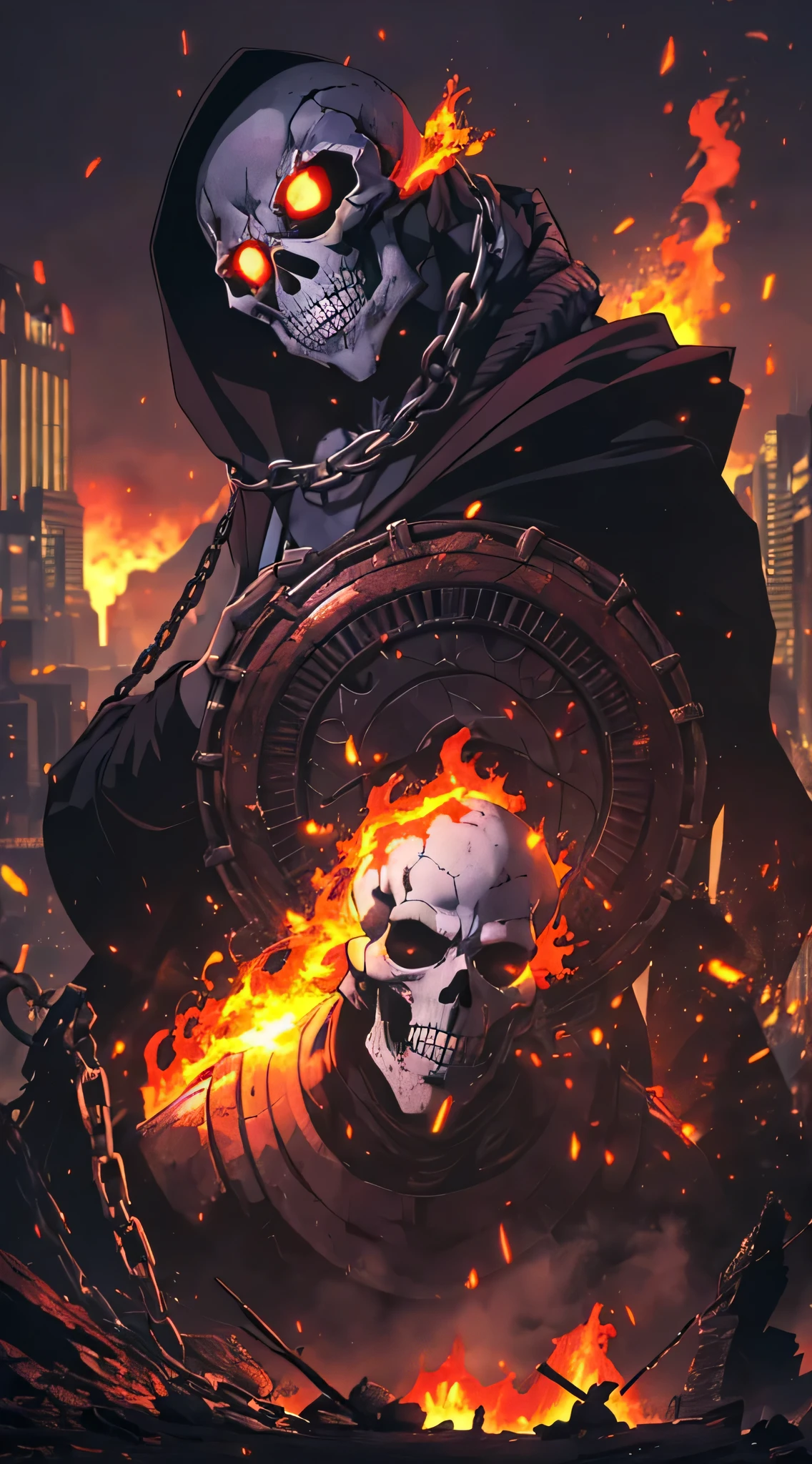 top-quality、Top image quality、masterpiece、Diabolical((Diabolicalの斧を持つ、Black cloak、well-muscled、best macho、full body chain、Angry eyes、Red blood、fighting poses、lava body,There's flames coming out of my head、Skeleton head)),hiquality、Beautiful Art、Background with((A crumbling city、the City of Fire)),masutepiece、Elaborate design、visualart、Perfect Art、Horror movie style、