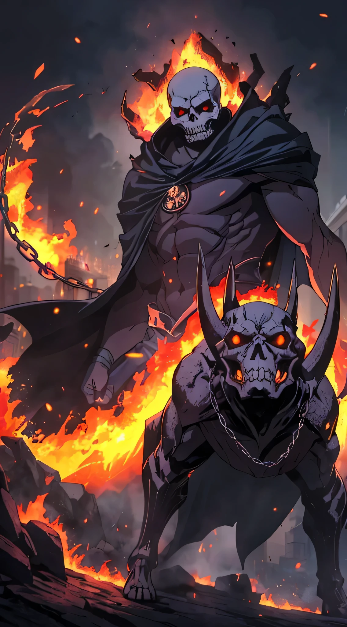 top-quality、Top image quality、​masterpiece、Diabolical((Diabolicalの斧を持つ、Black cloak、well-muscled、best macho、full body chain、Angry eyes、Red blood、fighting poses、lava body,There&#39;s flames coming out of my head、Skeleton head)),hiquality、Beautiful Art、Background with((A crumbling city、the City of Fire)),masutepiece、Elaborate design、visualart、Perfect Art、Horror movie style、