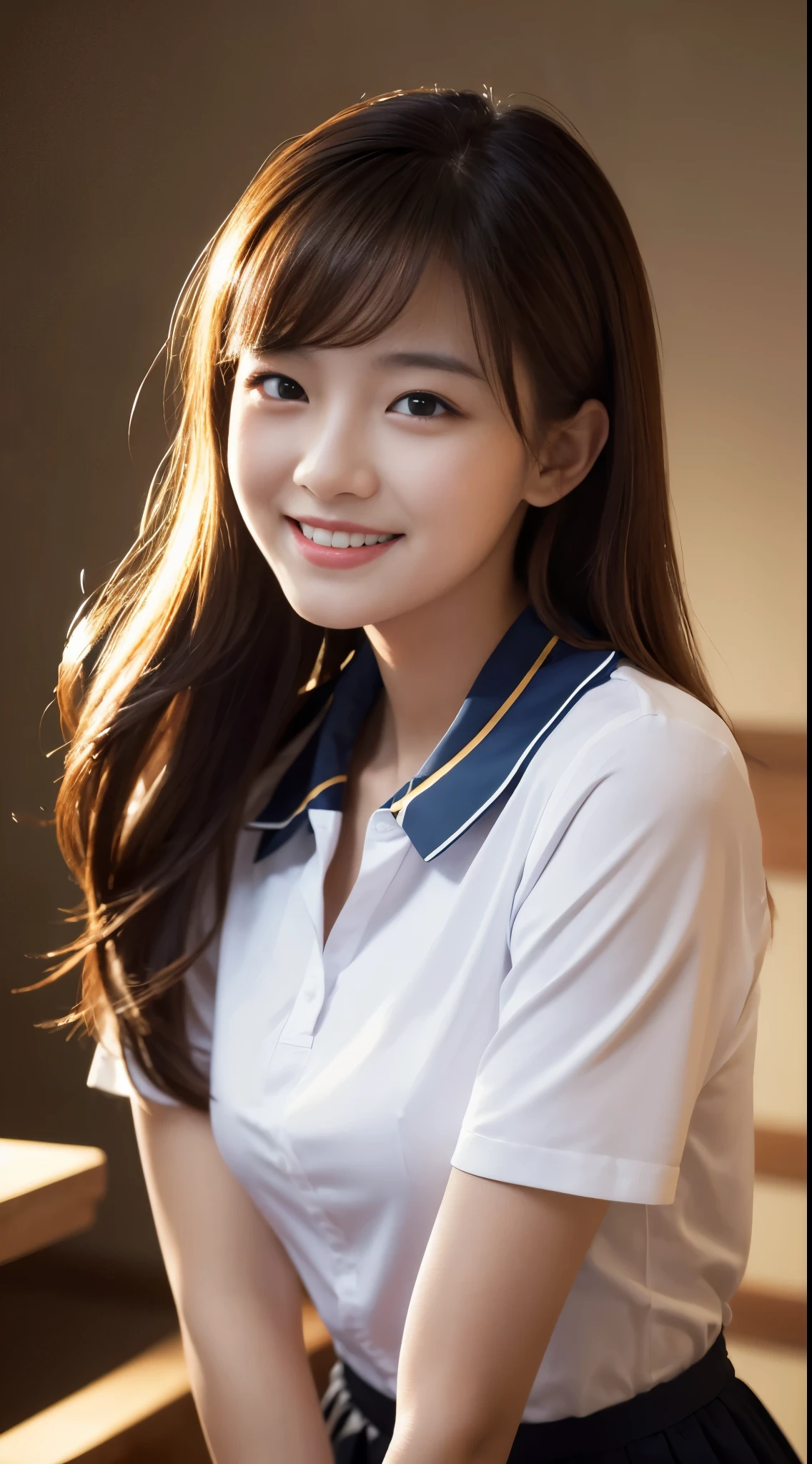 best quality, masterpiece, (photorealistic:1.4), 1girl, light smile, shirt with collars, waist up, dramatic lighting, from below
