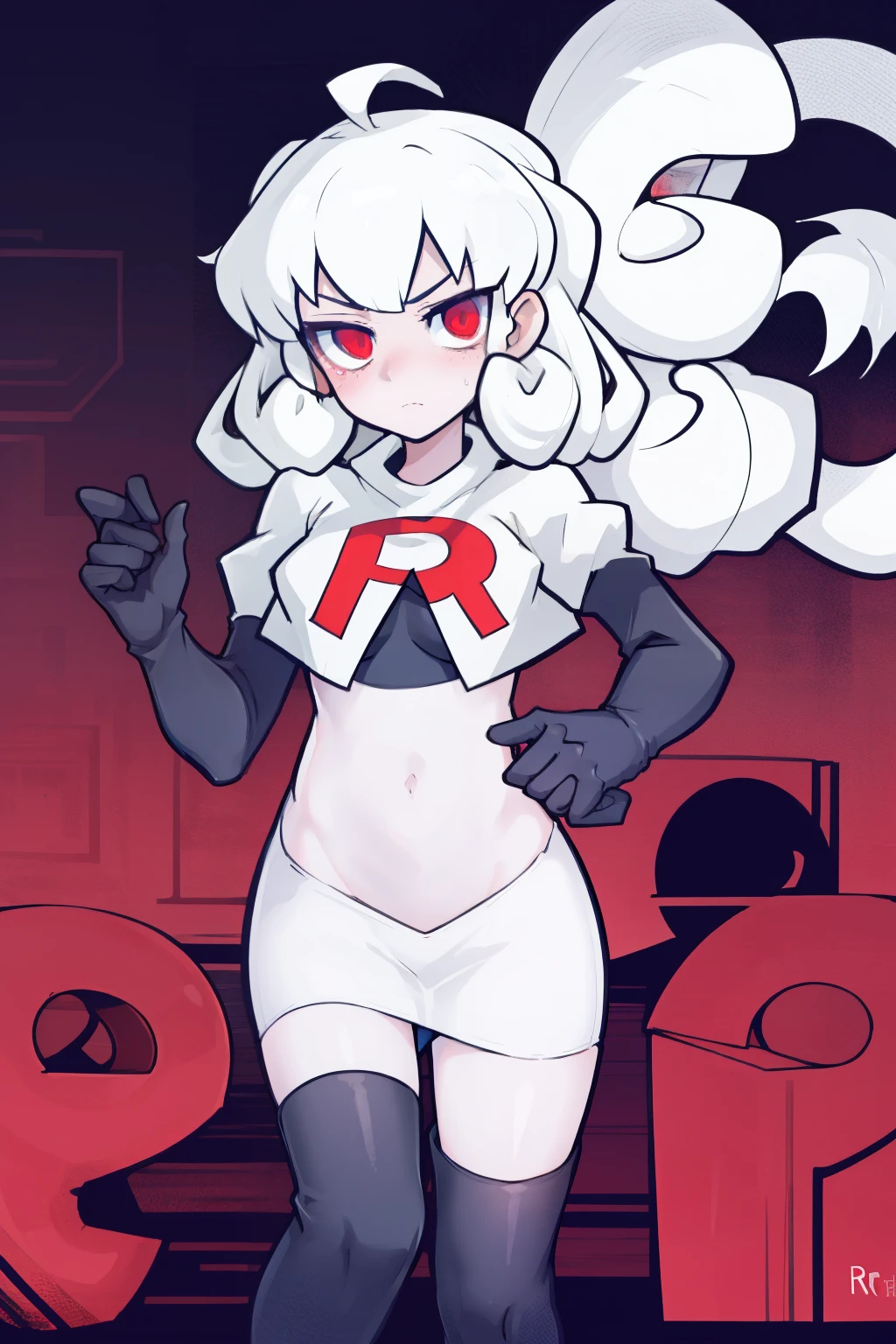 masterpiece, best quality, red eyes, white curly kair, ahoge,team rocket,team rocket uniform,white skirt,red letter R,crop top,black thigh-highs,black elbow gloves, comic strip