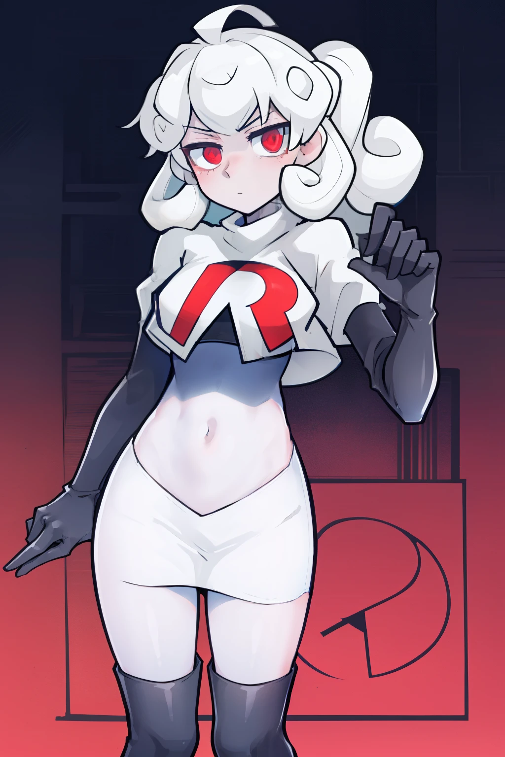 masterpiece, best quality, red eyes, white curly kair, ahoge,team rocket,team rocket uniform,white skirt,red letter R,crop top,black thigh-highs,black elbow gloves, comic strip