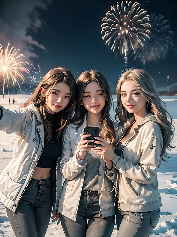 xxmixgirl, 3 girls, friends, three girls, smiling, happy, fireworks, fire work fisheye, selfie, wind, messy haur, Generate a stunning image of three girl with brown hair and one with gray hair wearing a white silver jacket, taking a selfie amidst the ethereal beauty of a white desert on the moon's surface at night, 3 girls yaking selfie together, watching the fireworks in the sky, 3 girls, three girls, friends, The lunar environment should radiate tranquility and futuristic charm, emphasizing the contrast between the gray and white tones of the moon's surface and the architectural marvels, fire works in the sky. earth visible from space, silver gray white jacket, black pants