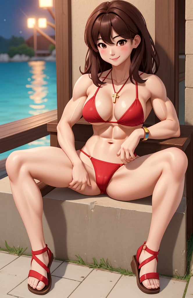 attractive korean woman, ripped muscle, muscular body, small breast, pale skin, smile(blush), bikini, sandals, cross pendant, sixpack abs, [ultra detailed skin:1.2], brown hair, messy hair, 8k uhd, pussy, full body, crowd, public, night, sitting, spread legs,