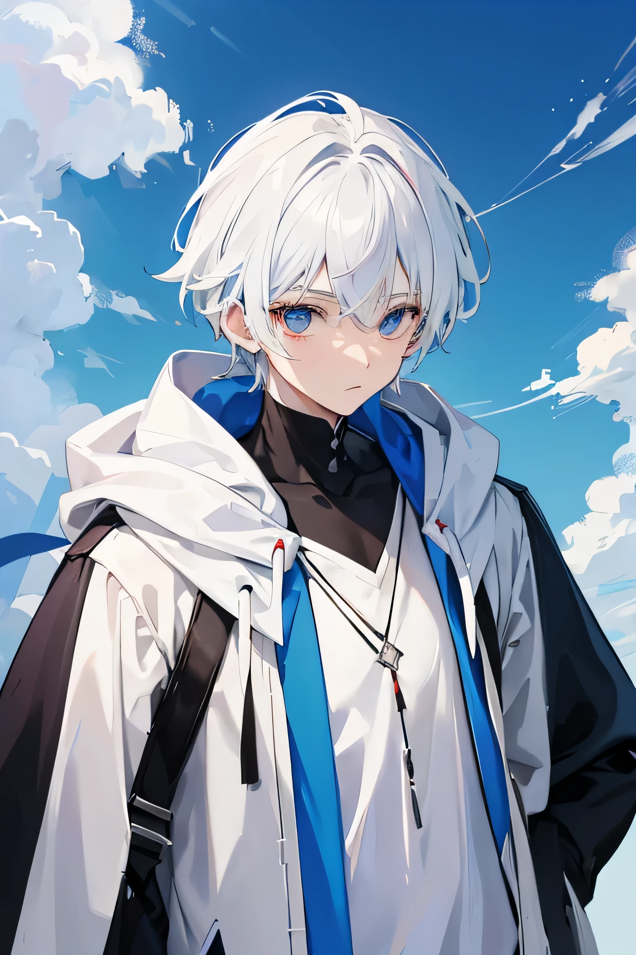 1boy, white hair, background is blue sky with clouds、Wearing a white and red + blue hoodie、Wearing a black tattered robe on top、White-haired boy with an invincible cool, look at her