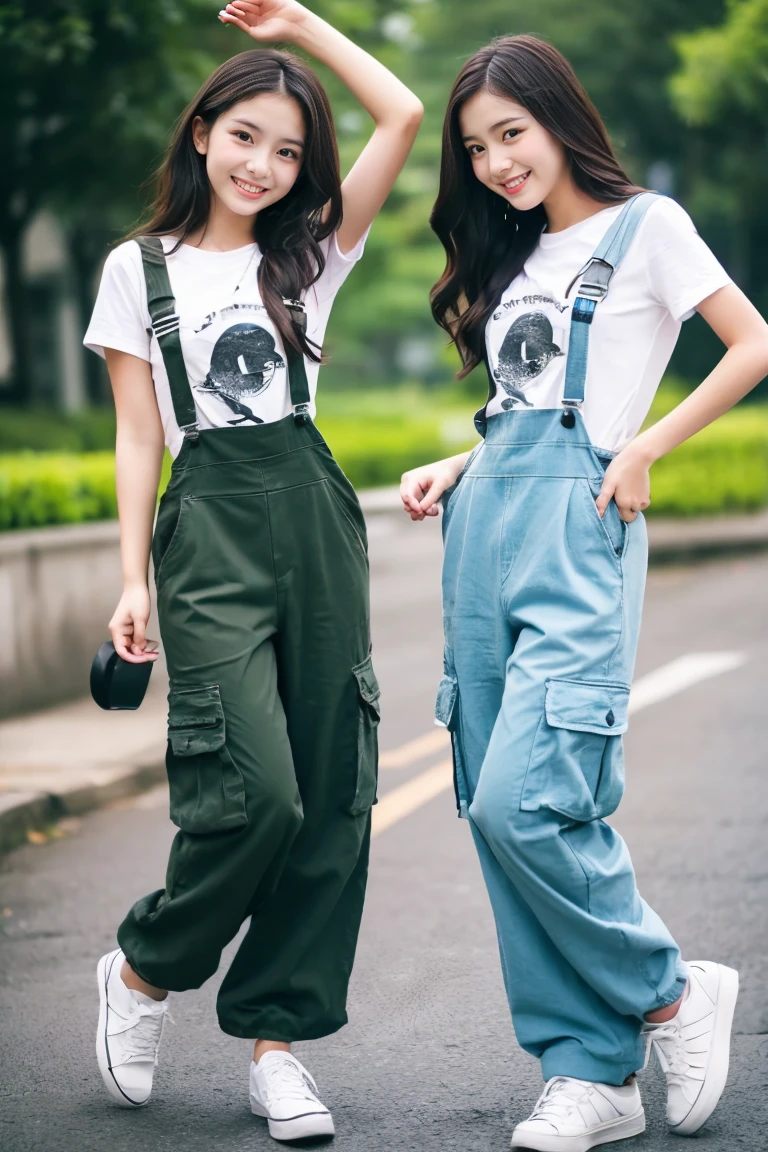 Two beautiful girls、(Beautiful girl wearing overalls、17 age、A dark-haired、Spinning、A delightful、)(tshirts、Beautiful girl wearing cargo pants、17 age、Spinning、A delightful)、