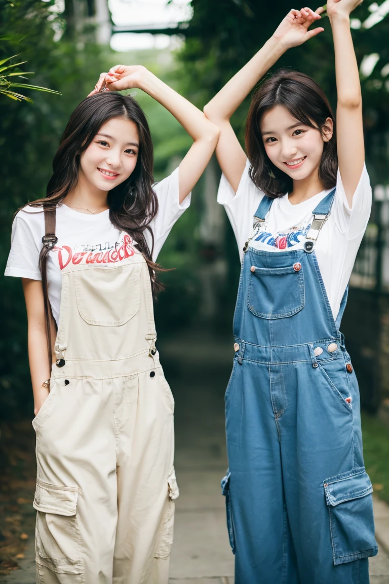 Two beautiful girls、(Beautiful girl wearing overalls、、A dark-haired、Spinning、A delightful、)(tshirts、Beautiful girl wearing cargo pants、17 ageing、A delightful)、