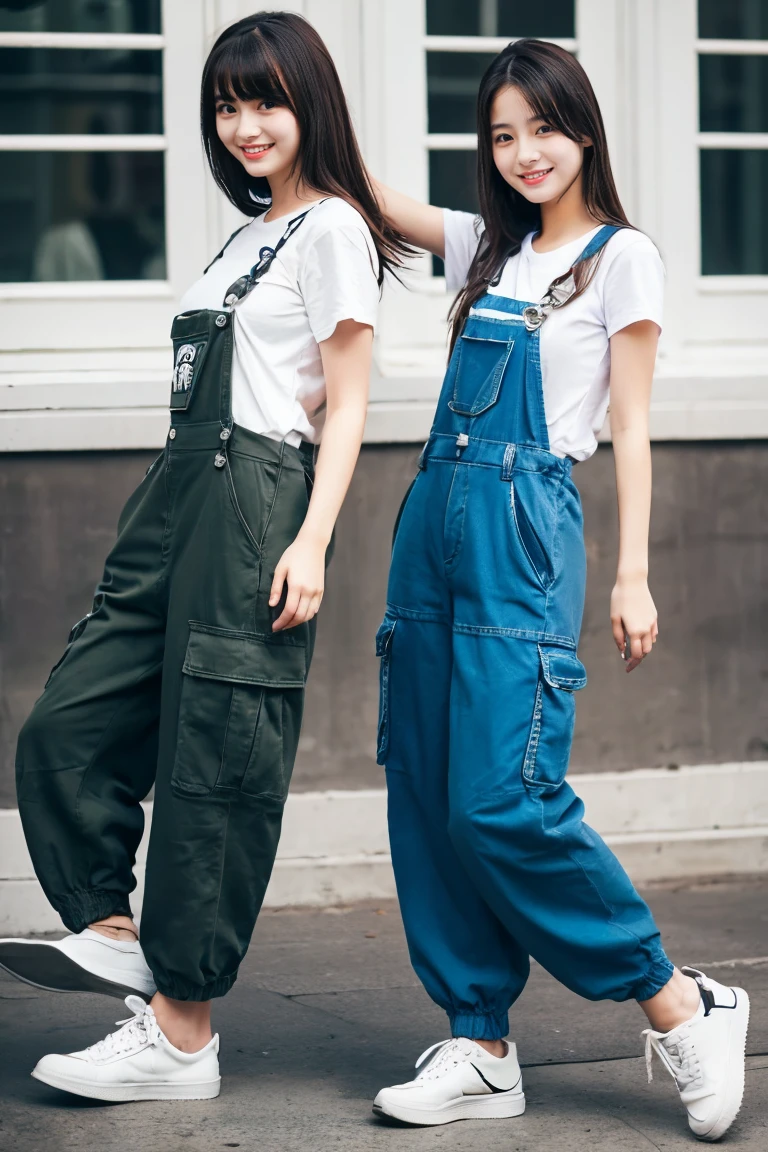 Two beautiful girls、(Beautiful girl wearing overalls、、A dark-haired、Spinning、A delightful、)(tshirts、Beautiful girl wearing cargo pants、17 ageing、A delightful)、