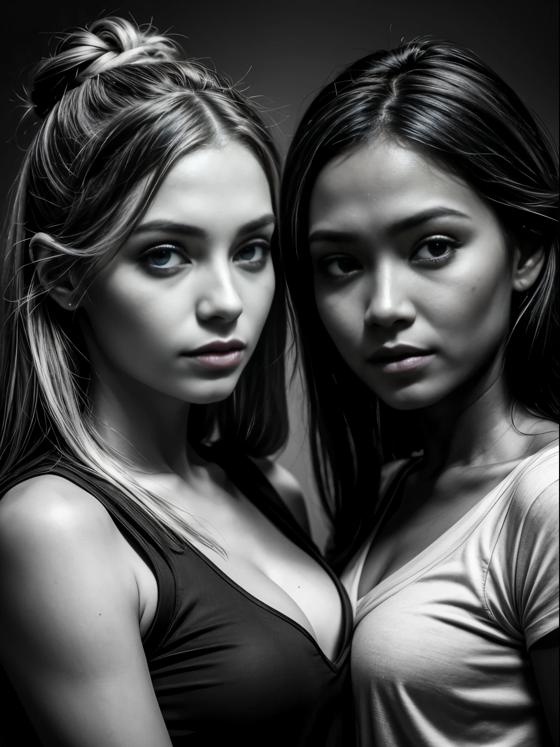 2 young females of 20 years happily looking at the camera wearing javanese kebaya, One of them is fair skin European with long blonde hair, the other is dark skin javanese indigenous with black top bun, close up portrait,  perfect composition, 8 k artistic photography, arte conceitual fotorrealista, Chiaroscuro, noir, monochrome, grayscale, cinematic movie photograph, Nikon D3100 | ISO 450 Certification | focal length 70 mm (Sigma 50mm f1 | | | | | | |.5) | abertura f/4 | exposure time 1/ (Dri)