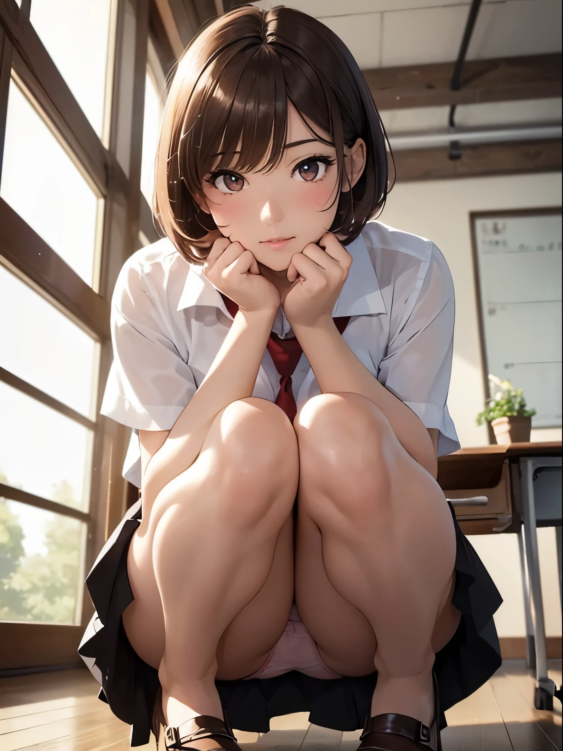 ((masterpiece)), ((best quality)), (ultra-detailed), ((extremely detailed CG)), 4K, (8K), best quality, (beautiful), anime style, medium shot, full body focus, from below, Classroom, desk, chair, a cute girl, 1girl, solo, Double eyelids Eyes, school uniform, (squatting, panty shot:1.2), beautiful light brown hair, beautiful brown eyes, ((beautiful detailed eyes)), short hair, ashamed, blush, shiny-glistening, gleaming, Professional Lighting