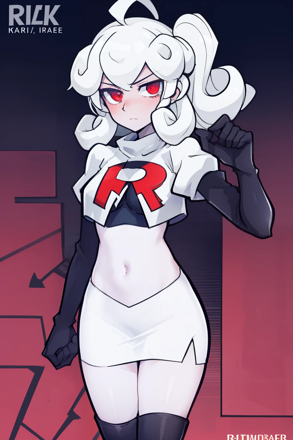 masterpiece, best quality, red eyes, white curly kair, ahoge,team rocket,team rocket uniform,white skirt,red letter R,crop top,black thigh-highs,black elbow gloves, comic strip