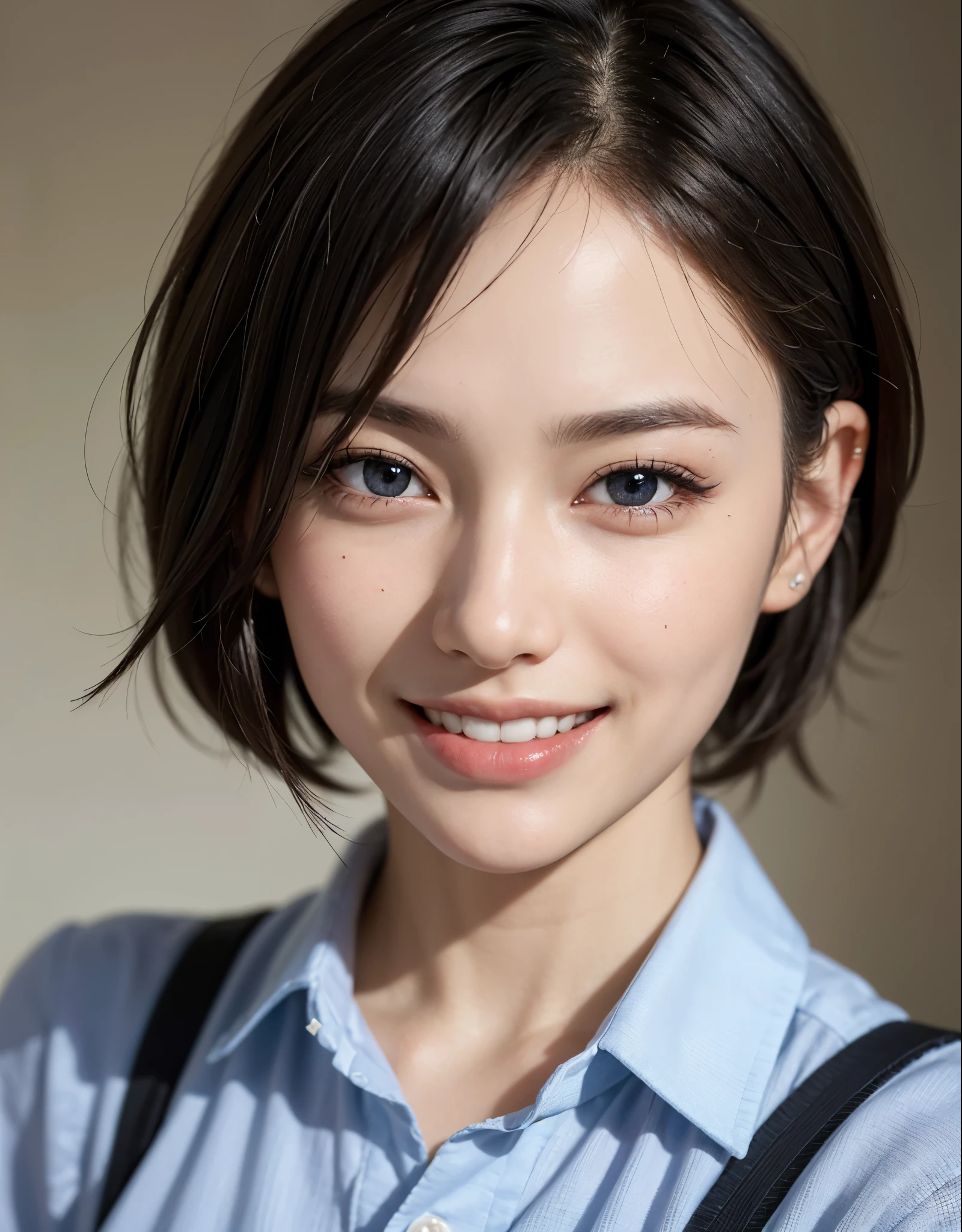 Best Quality, masutepiece, 超A high resolution, (Photorealistic:1.4), Face Up、macro raw photo, 1girl in, kーpop idol, short-hair, Indoor, Collared shirt 、Detailed eyes,(realisticeyes),delicated face,realskin,detailed hairs,Detailed skin,Beautiful face,((Smiling))、((Beautiful hair ornament))、I'm showing my teeth and smiling、