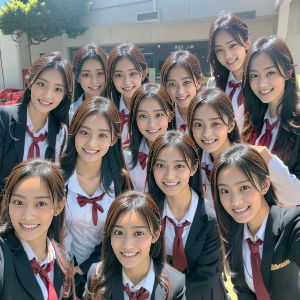 Raw photo、(((multiple girls))),((((6+girls)))),((((100girls)))),((((1000girls))))、((((100 Girls))))、Women only、The same face、((matching school uniform))、((((Large group))))、17 years old、Long black hair、100 cute high school girls on their way to school、a smile、Commuting to school、School route、In the street、selfee、same person、University