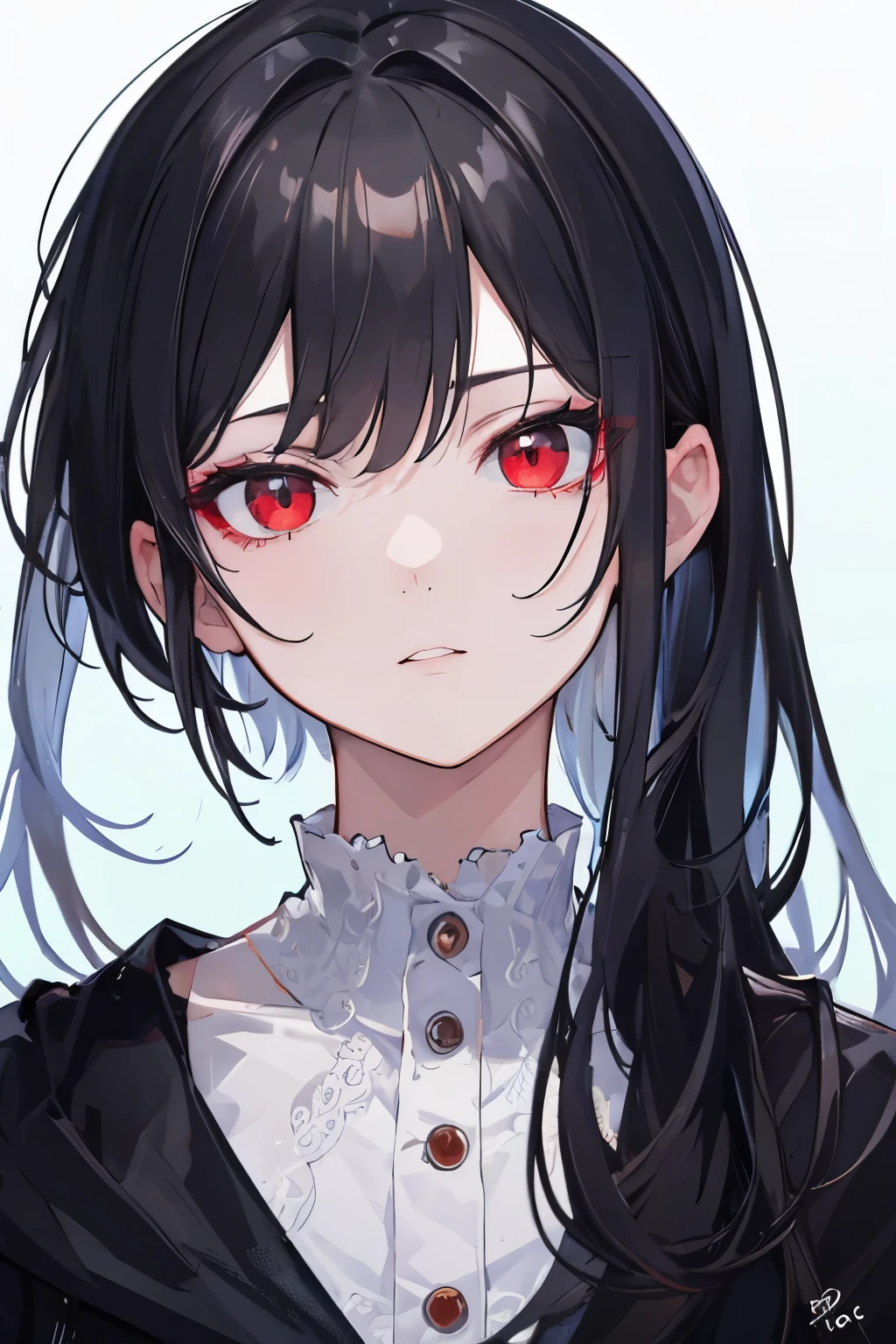 ((best quality)), ((masterpiece)), (detailed), perfect face, adult women, upper body, beautiful detailed eyes, red eyes, (star shape pupils:0.1), arrogant face, (lips:0.5), very long hair, straight hair, (short bang:1.4), black hair, skinny, light blue background, extremely detailed face, Sharp focus, looking at viewer