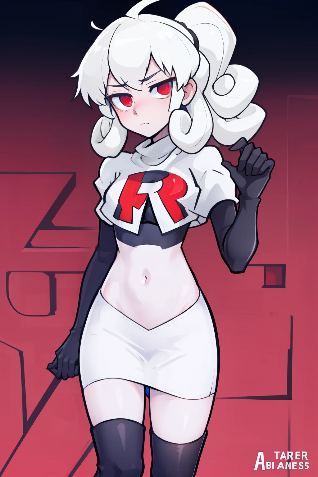 masterpiece, best quality, red eyes, white curly kair, ahoge,team rocket,team rocket uniform,white skirt,red letter R,crop top,black thigh-highs,black elbow gloves, comic strip