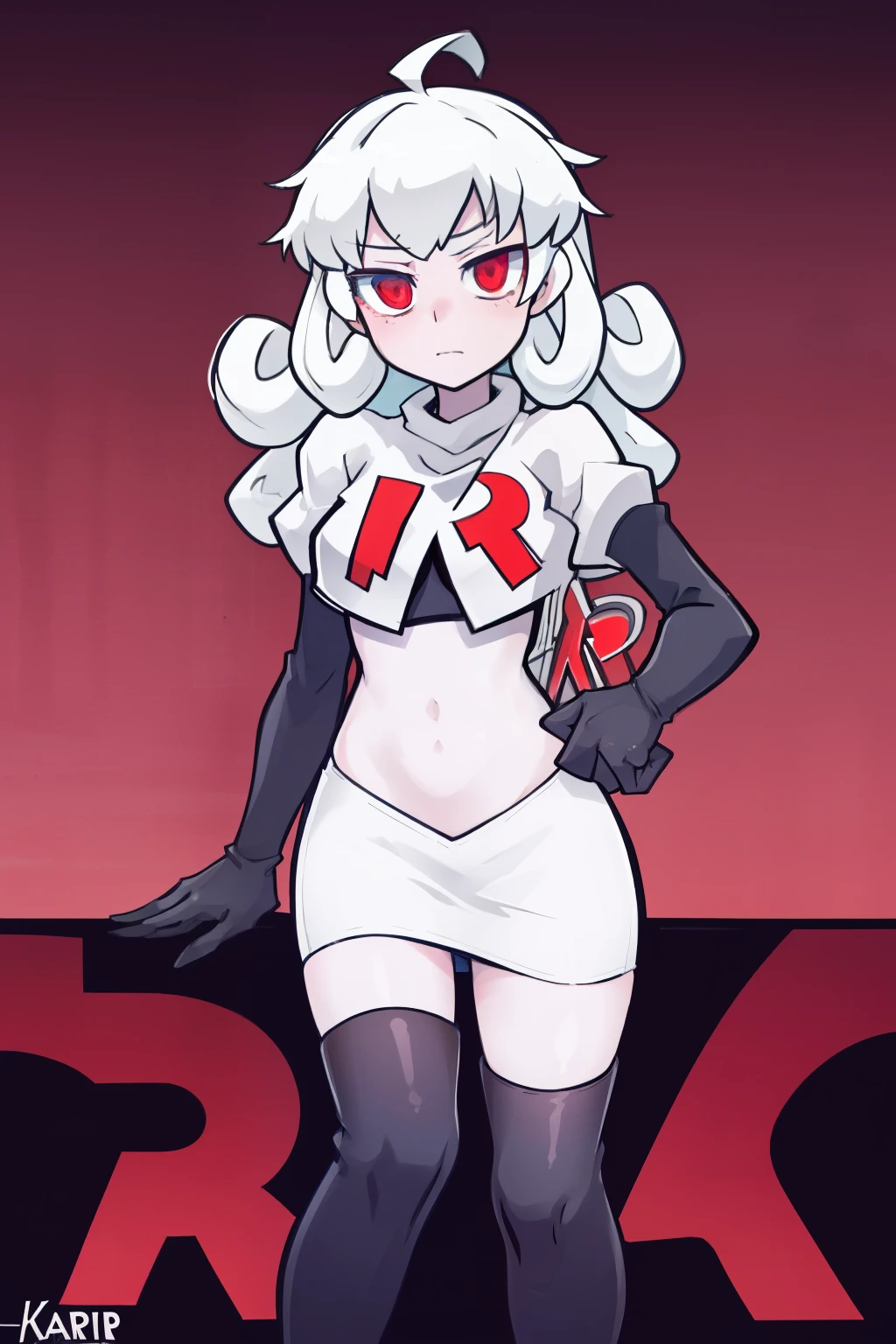 masterpiece, best quality, red eyes, white curly kair, ahoge,team rocket,team rocket uniform,white skirt,red letter R,crop top,black thigh-highs,black elbow gloves, comic strip