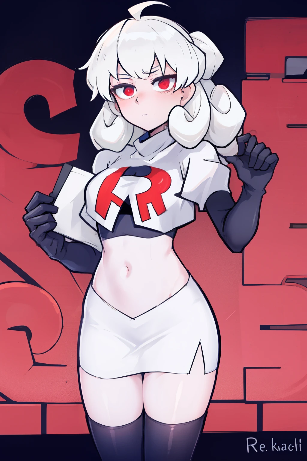 masterpiece, best quality, red eyes, white curly kair, ahoge,team rocket,team rocket uniform,white skirt,red letter R,crop top,black thigh-highs,black elbow gloves, comic strip