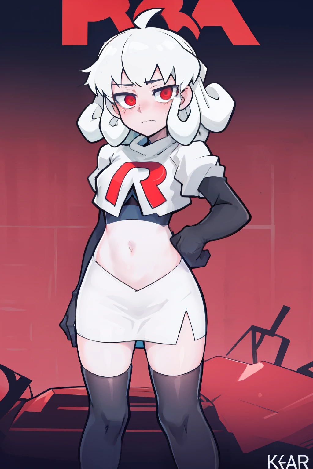 masterpiece, best quality, red eyes, white curly kair, ahoge,team rocket,team rocket uniform,white skirt,red letter R,crop top,black thigh-highs,black elbow gloves, comic strip
