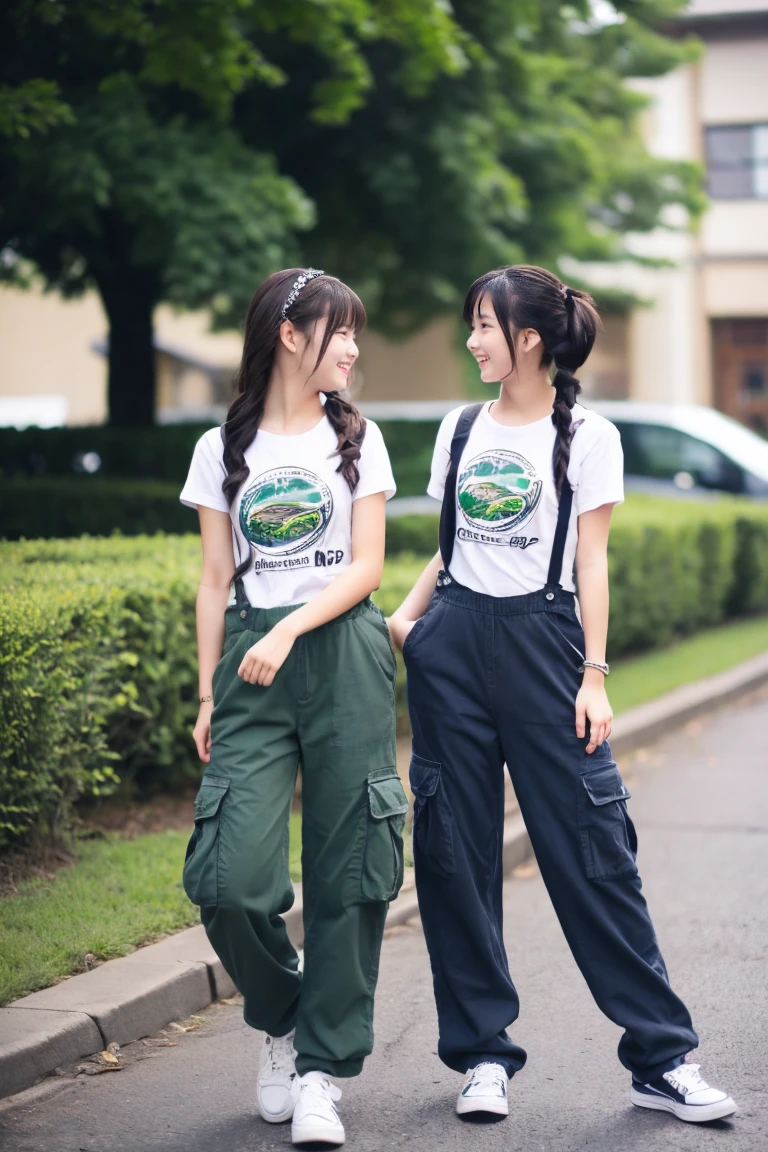 Two beautiful girls、(Beautiful girl wearing overalls、15yo student、A dark-haired、Spinning、A delightful、)(tshirts、Beautiful girl wearing cargo pants、15yo student、Spinning、A delightful)、