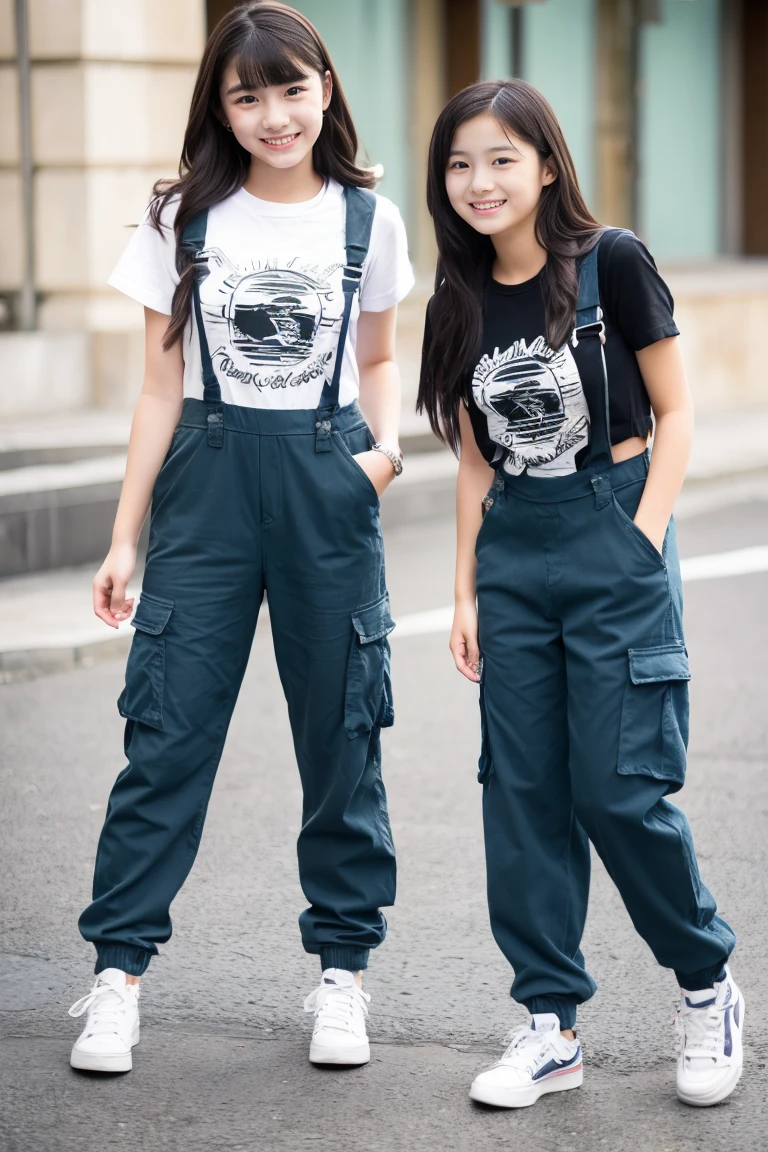 Two beautiful girls、(Beautiful girl wearing overalls、15yo student、A dark-haired、Spinning、A delightful、)(tshirts、Beautiful girl wearing cargo pants、15yo student、Spinning、A delightful)、