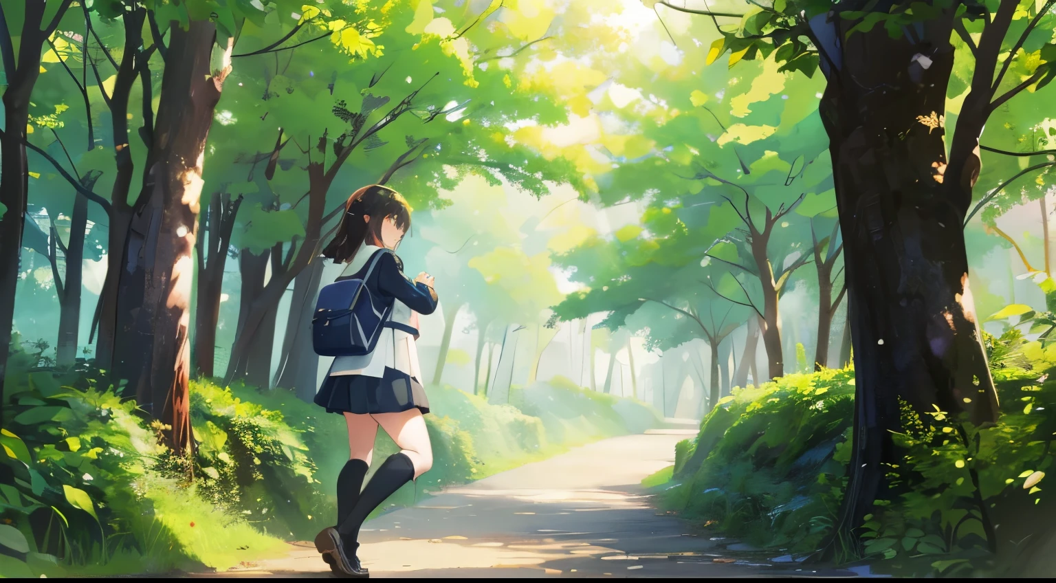 female student,over knee socks,校服,Forest roads,vale,green trees,rays of sunshine,Parallel perspective,rich details