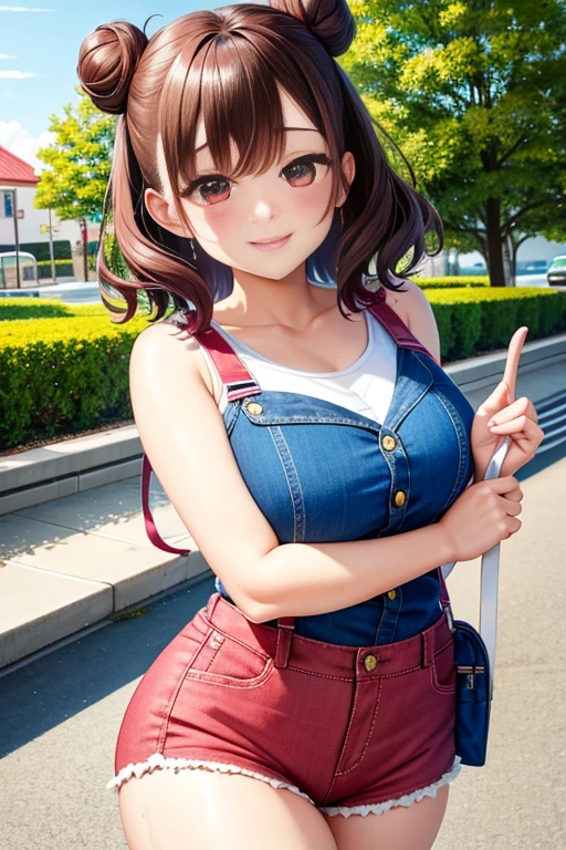 ultra - detailed,tmasterpiece,Best quality at best,love letter,Blushlush,Yazawa Nico,red eyes, Blunt hair, 1female、Camisole denim vest、denim short,Ancient style China、White bun hairstyle, brunette color hair、chubbiness、ssmile、White suspender tights、Tights lace trim、jumpsuit,pale pink lip、posing on a,drenched all over the body,face flushed,backpacks,Smile,greet,at park
