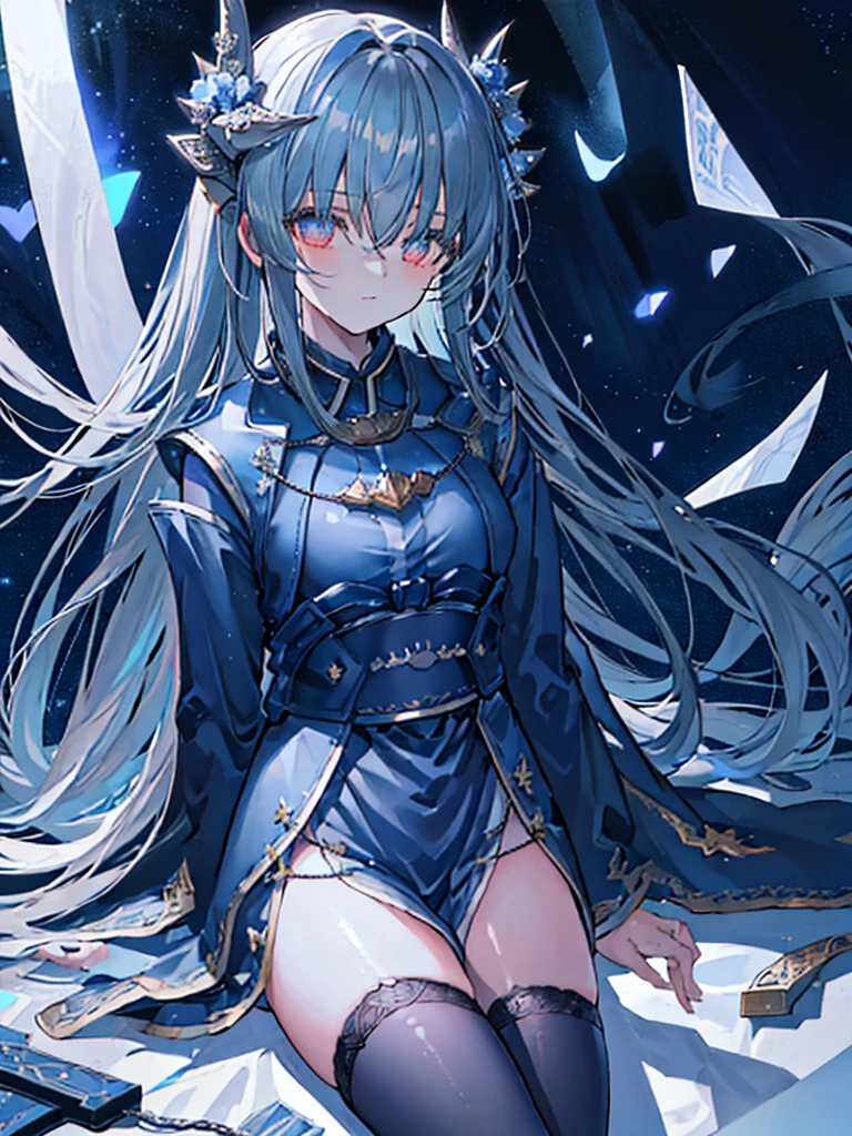 （best quality,4k,highres,masterpiece:1.2),ultra-detailed,realistic,portrait:1.37),dark blue starry sky,shimmering meteors,a girl,sitting by the window,with dark blue hair and gray pupils,wearing a black coat and black stockings。