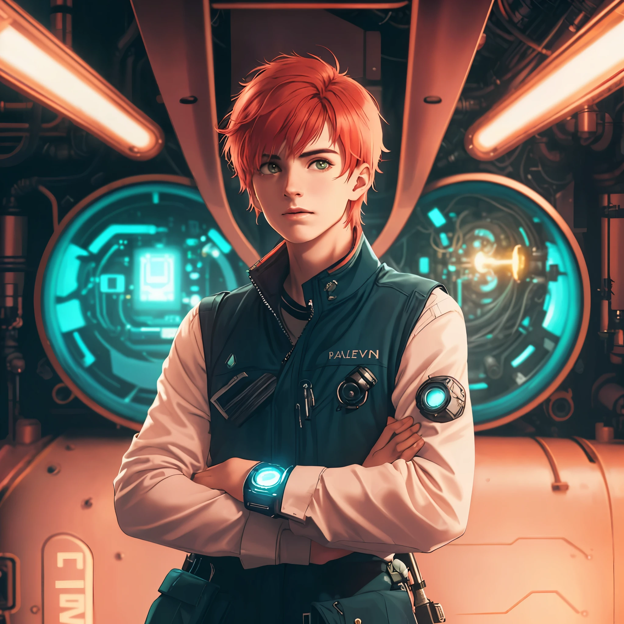 photo of (SeventhHeaven:1) Charming Red Haired Cyber Engineer standing in sci fi detailed Airship Engine Room, style by HyperDrive