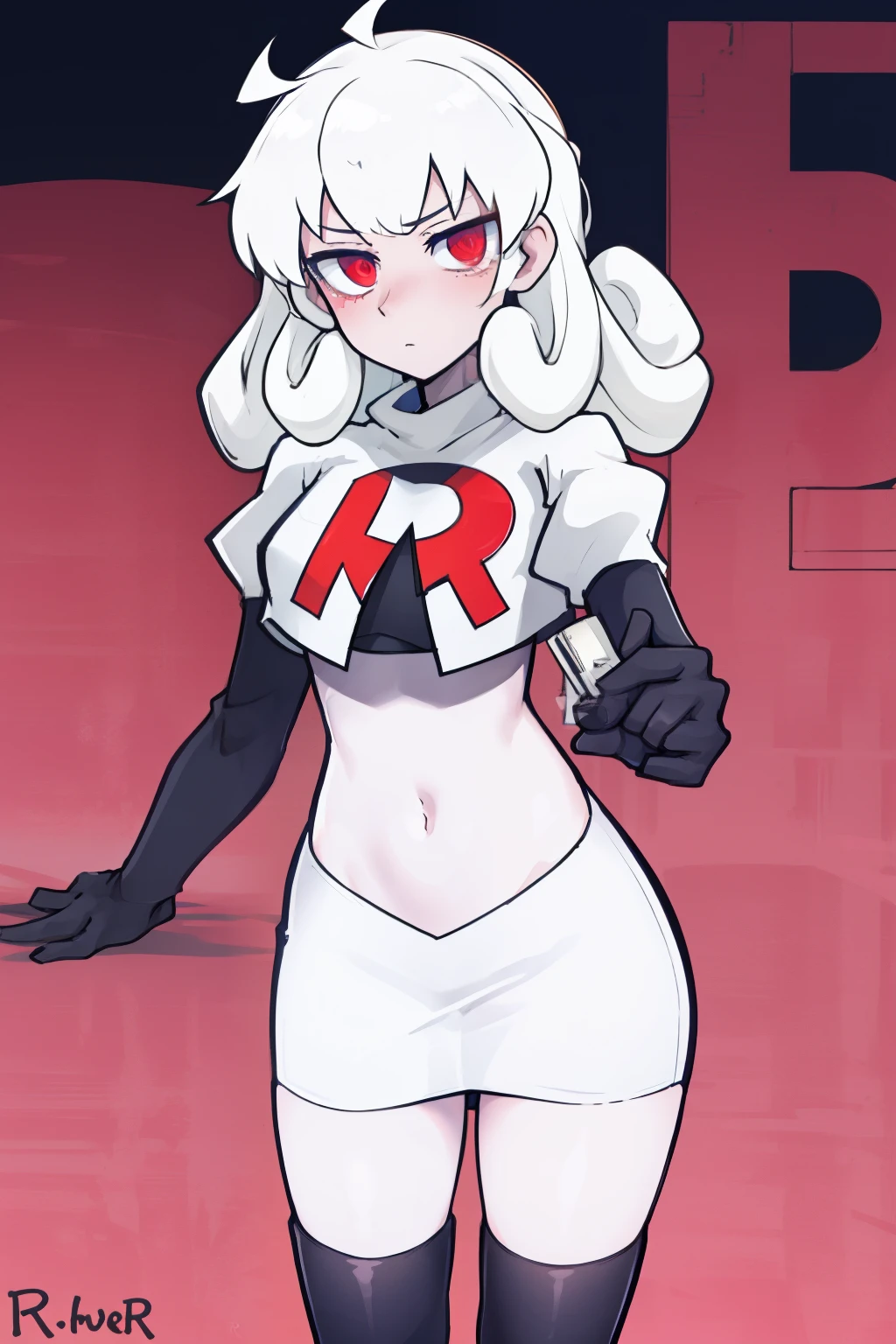 masterpiece, best quality, red eyes, white curly kair, ahoge,team rocket,team rocket uniform,white skirt,red letter R,crop top,black thigh-highs,black elbow gloves, comic strip