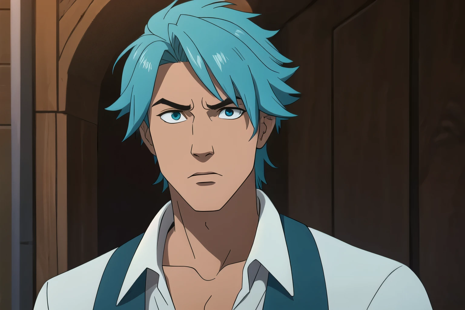 Parzival male, one person only, aqua color hair, shocked expression on face