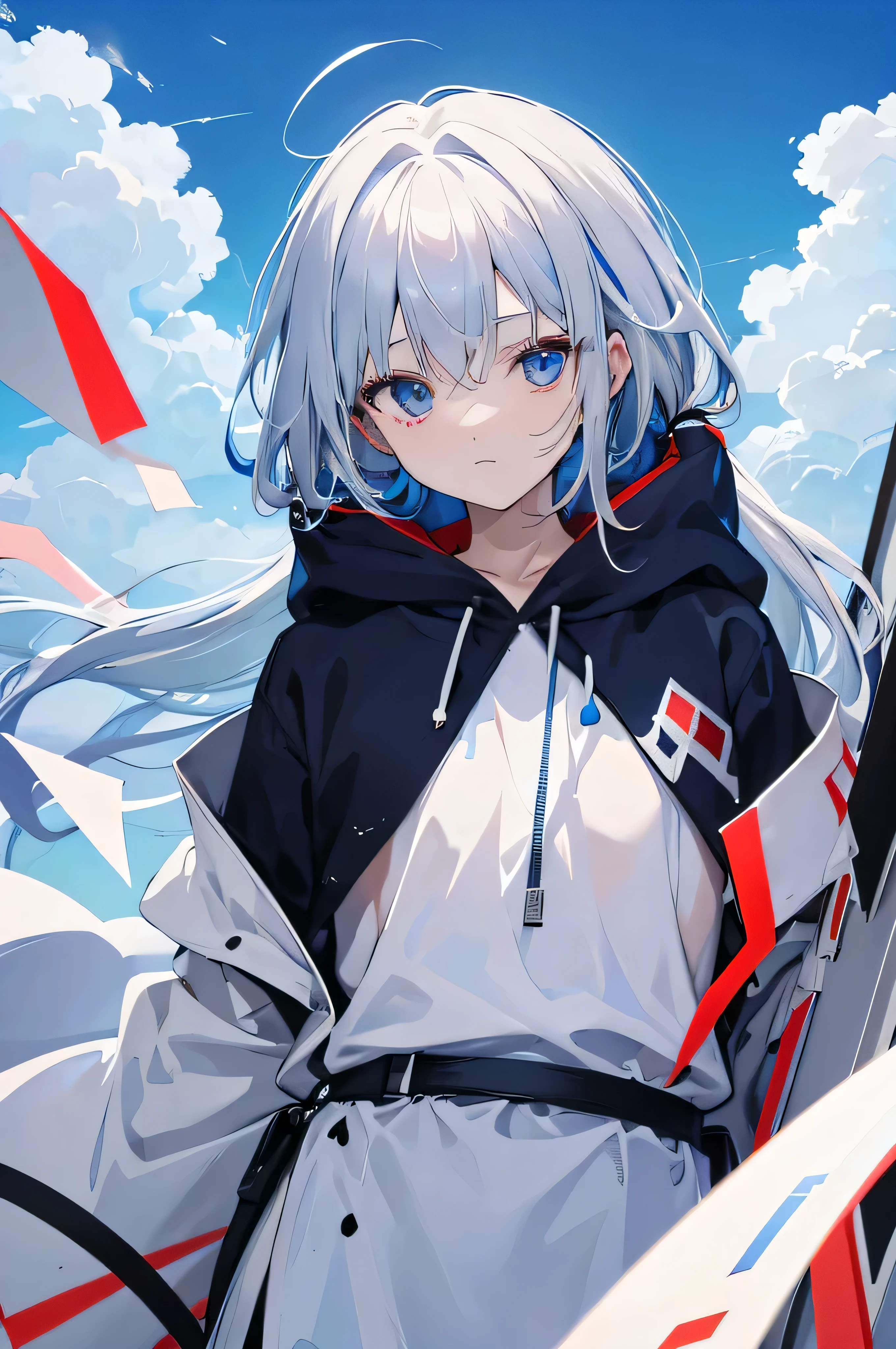 background is blue sky with clouds、Wearing a white and red + blue hoodie、Wearing a black tattered robe on top、White-haired girl with an invincible love, look at him