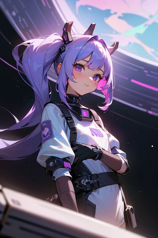 hightquality,​masterpiece,girl with,lavender color hair,Lavender eyes,Spacecraft Maneuvering,SF,ssmile,Philosophical,poneyTail,near future,punk fashion,年轻,gentle,The background is space