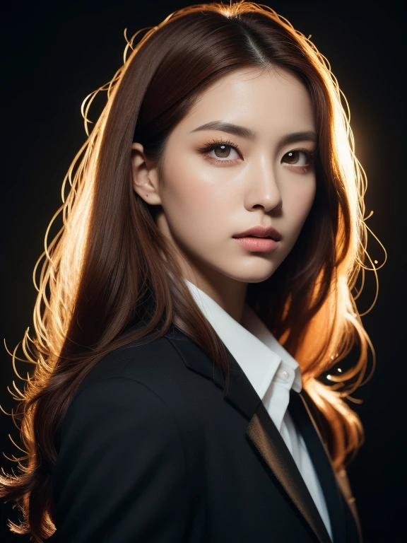 (a woman with) Reddish hair, yellow eyes, and a beautiful tall figure, dressed in an ultra-realistic and highly detailed suit, dominates this portrait. Against a dark background, this high-resolution masterpiece comes to life with professional lighting that brings out vivid colors and creates sharp focus. The woman's vibrant red hair cascades down her back, perfectly contrasting the intensity of her mesmerizing yellow eyes. Every strand of hair is meticulously rendered, capturing the fine details and depth. Her suit fits her like a second skin, highlighting her elegant and powerful presence. The intricate textures of the suit, from the soft fabrics to the intricate patterns, add depth and realism to the artwork. The dark background accentuates her commanding aura, making her the focus of attention. The lighting emphasizes every contour of her face and body, creating dramatic highlights and shadows. The colors in the artwork are rich and saturated, enhancing the overall intensity and allure. With the sharp focus and exceptional attention to detail, this portrait brings the woman's exquisite features to life. Her piercing yellow eyes exude confidence and depth, drawing the viewer into her captivating gaze. The use of professional lighting gives a three-dimensional quality to the artwork, emphasizing the woman's presence in the space. This portrait showcases the perfect balance of realism and artistic expression, making it a true masterpiece.