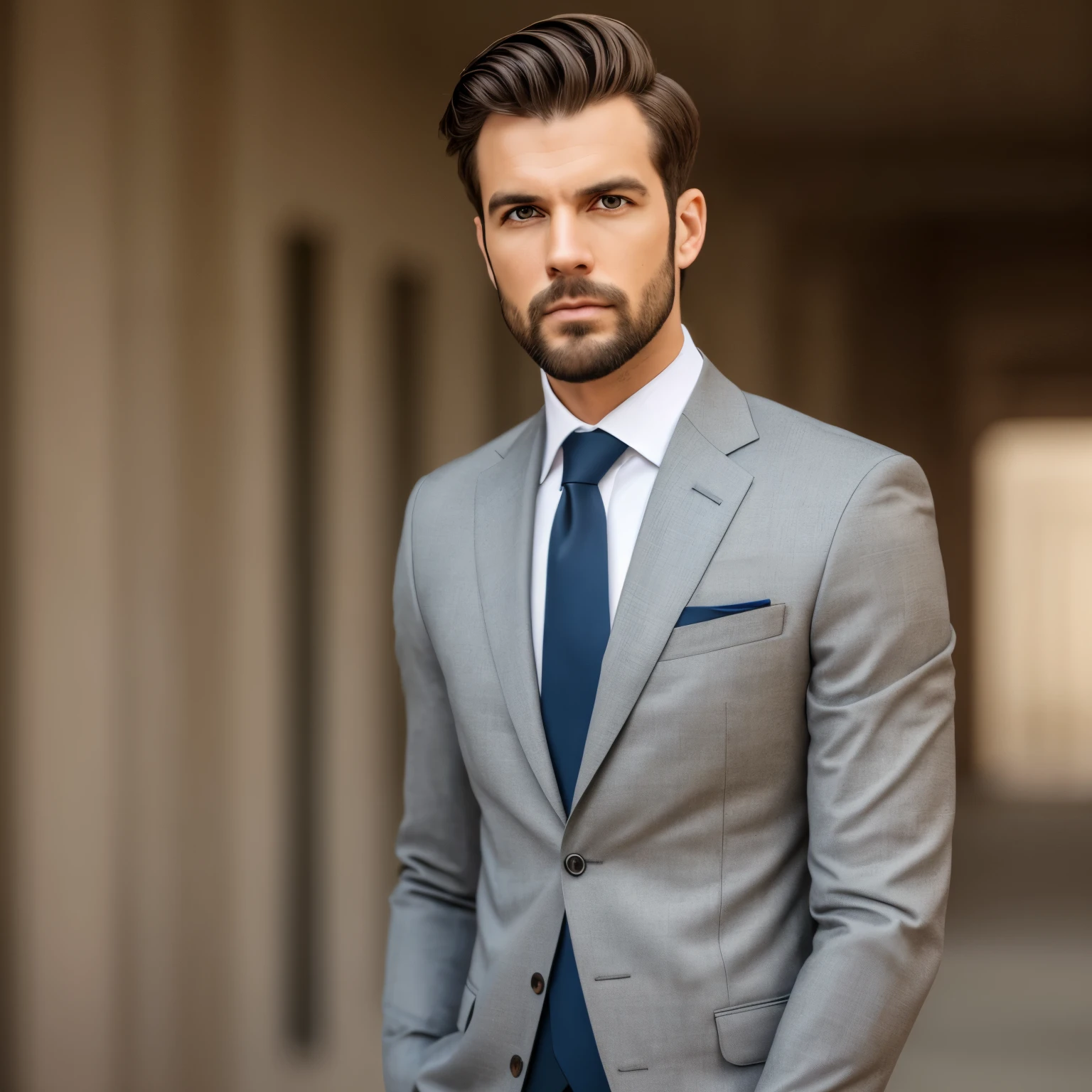 a Man standing with 30 years in suit and tie, body and head straight in the photo, facing the viewer of the photo, eyes fixed to the lens, appears shoulders and head in the photo, man centered in the photo, 8k, best quality, masterpiece, realistic, realistic photo, movie photo, ultra realistic, 1 person, detailed, perfect lighting, DSRL, professional photo, 4k