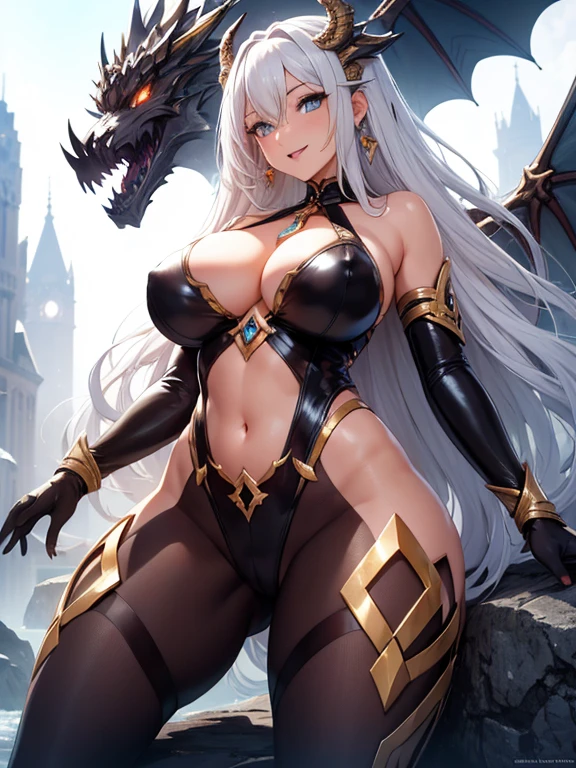 Masterpiece, highest quality, detailed, ultra-fine, detailed beautiful face, detailed beautiful eyes, detailed beautiful hair, perfect anatomy, ultra-fine skin, vivid, perfect hands, 8K, Mature lady (middle age lady,40-year-old,), beautiful silver hair, long hair (braided), Russian style beauty, sensual body, shiny skin, beautiful legs, taut and beautiful breasts (bust size 95), large breasts, light blue eyes, earrings, necklace, 1 girl, solo, beautiful woman in gold and black bodysuit, and holding large dragon by her feet, resting on rock, breasts, horns, cleavage, smiling, huge dragon, looking at viewer, open mouth, navel, bare shoulders, solo, thighs, close up,