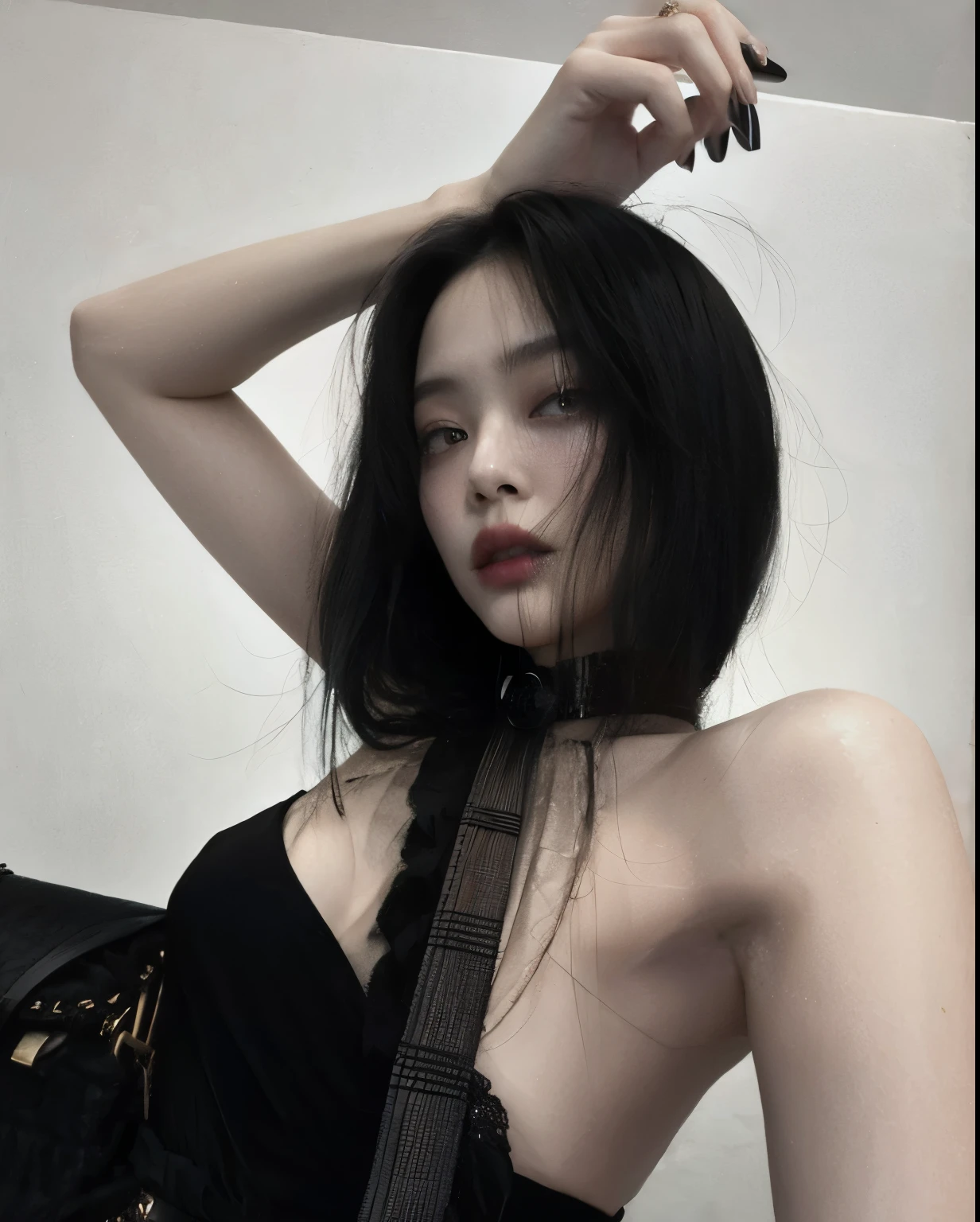 Hay una mujer con un bolso negro posando para una foto, pale goth beauty, cruel korean goth girl, 18 years old, dilraba dilmurat, 1 7 - year - old goth girl, pale fair skin!!, goth girl aesthetic, 2 4 year old female model, Anna Nikolanova aka Newmilky, with pale skin, pale-skinned persian girl