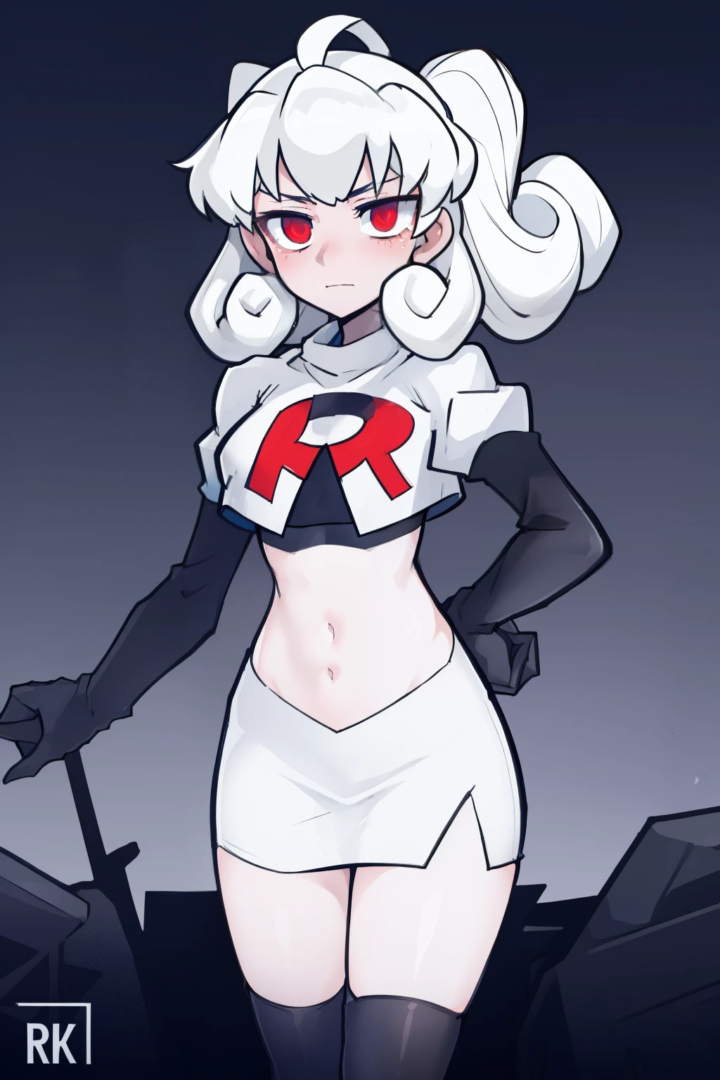 masterpiece, best quality, red eyes, white curly kair, ahoge,team rocket,team rocket uniform,white skirt,red letter R,crop top,black thigh-highs,black elbow gloves, comic strip