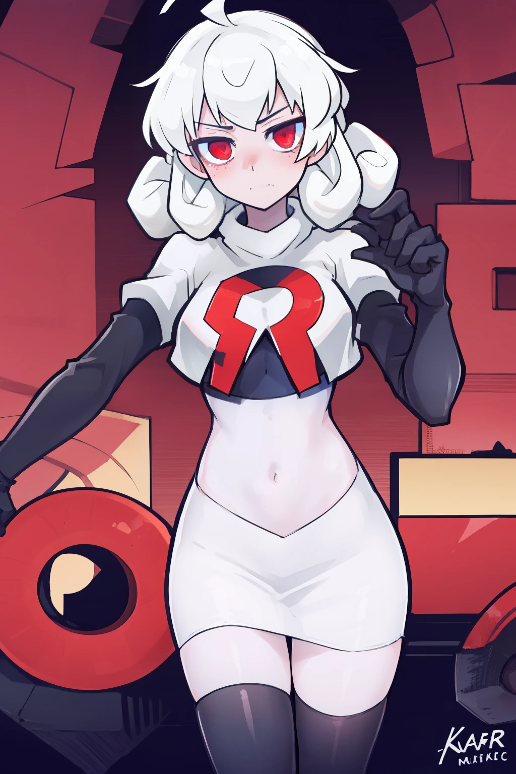 masterpiece, best quality, red eyes, white curly kair, ahoge,team rocket,team rocket uniform,white skirt,red letter R,crop top,black thigh-highs,black elbow gloves, comic strip