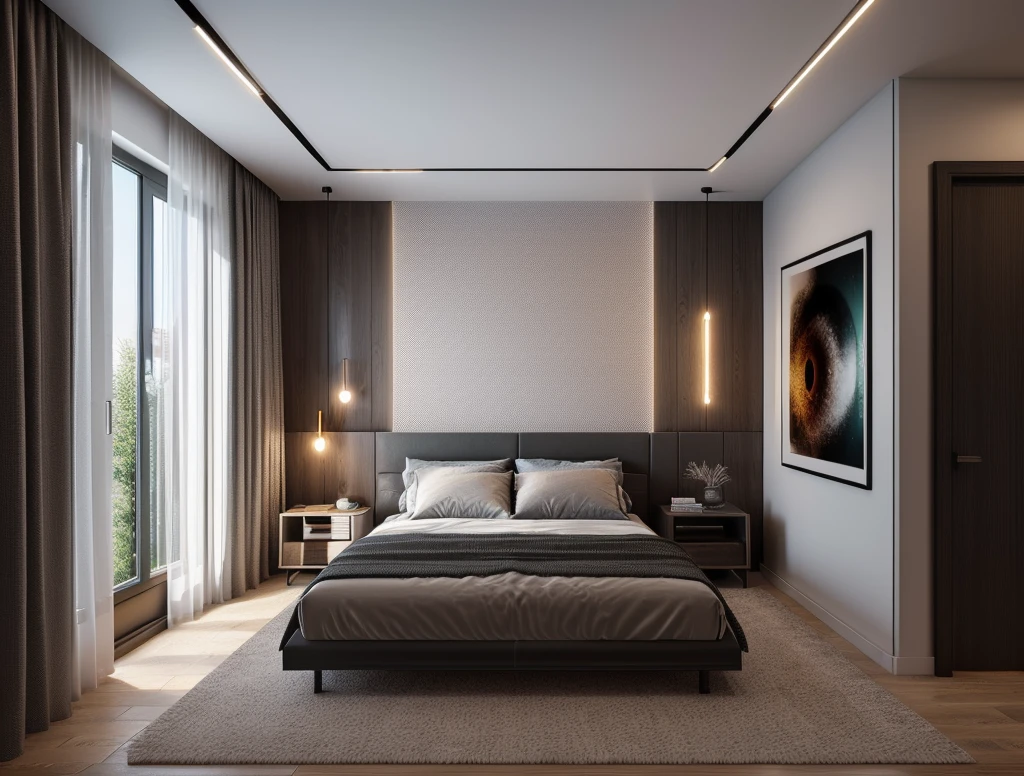 Modern style, tone black and white, (|warm led light| 3600k), bed room, interior design, apartment space, wooden frame ceiling, a bed, shaggy, wardrobe, bed shelf, potted plant, Industrial wooden, wood floor, picture frame, day, 8k uhd, dslr, soft lighting, high quality, film grain, Fujifilm XT3, The ambient lighting highlights the textures and details, creating a stock photo-like atmosphere, (((Best Quality))), ((Masterpiece)), ((best illustration)), ((best shadows)), ((Super Detail)), (Intricate lines), (Photorealism),(hyper detail), ((archdaily)), ((award winning design)), (dynamic light), ((day)), (perfect light), (shimering light), (hidden light), ((photorealistic)), ((FKAA, TXAA, RTX, SSAO)), ((Post Processing)), ((Post-Production)), ((CGI, VFX, SFX)), ((Full color)) ,((Unreal Engine 5)), ((intricate detail)), ((extreme detail)), ((science)), ((hyper-detail)), ((super detail)), ((super realistic)), ((crazy detail)), ((octane render)), ((Cinematic)), ((trending on artstation)), ((High-fidelity)), ((Viwvid)), ((Crisp)), ((Bright)), ((Stunning)), ((Eye-catching)), ((High-quality)),((Sharp))((Bright)), ((Stunning)), Natural, ((Eye-catching)), ((Illuminating)), ((Flawless)), ((High-quality)),((Sharp edge render)), ((medium soft lighting)), ((photographic render)), ((detailed archviz))