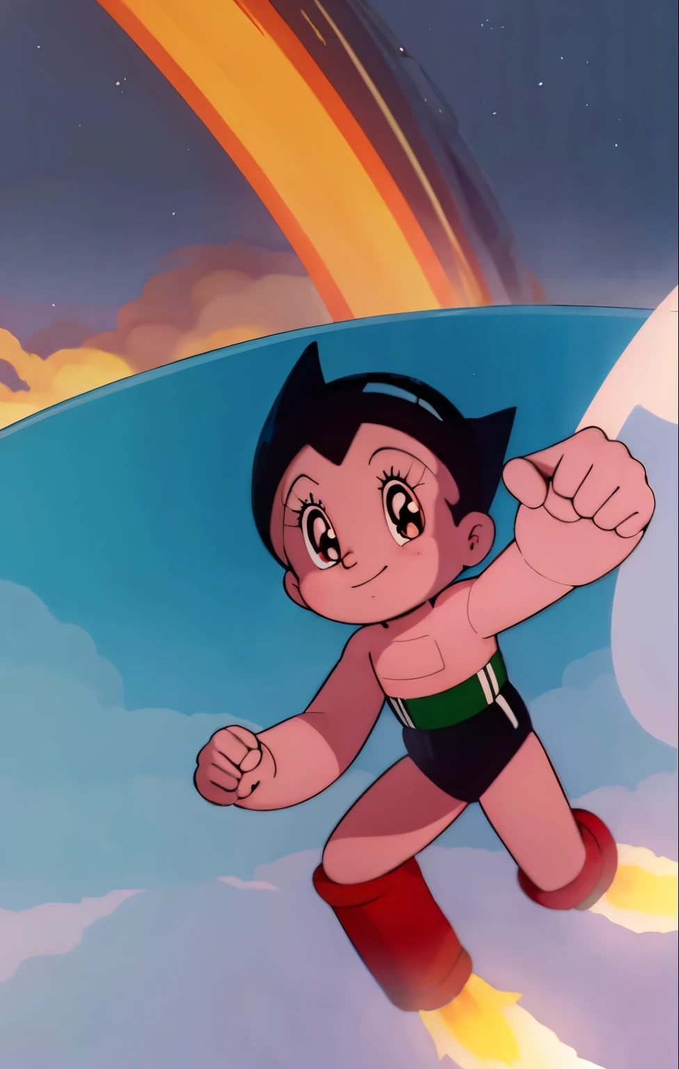 High quality portrait of Astro Boy flying in the sky, rocket flames coming out of his feet, smiling. looking at viewer, Brown eyes, red boots