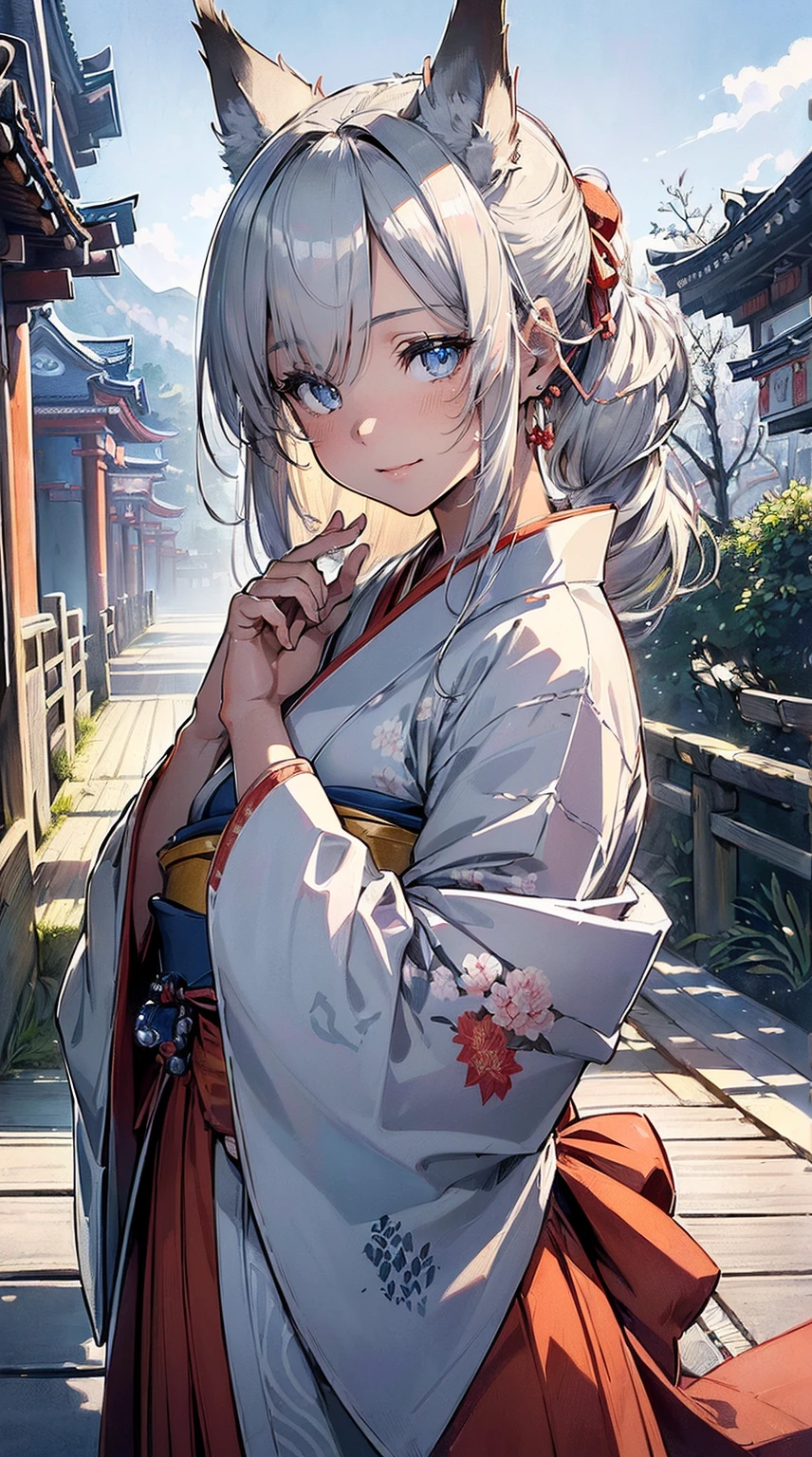 (((masterpiece))), (((highest quality))), ((ultra-detailed)), ((super fine illustration)), ((ultra-fine painting)), (portrait:1.5), (Highly detailed and beautiful illustration style:1.8), detailed skin texture, detailed cloth texture, extreme detailed description, (T-masterpiece), original, raw photo, professional, Intricate details, super details, direct light, (16-years-old), real, (Solo), (A very beautiful and cute silver fox girl with nine silver tails and blue eyes who is a messenger of the gods and a Japanese shrine maiden:1.2) BRAKE (Beautiful and adorable silver fox ears:1.6), (Highly detailed silver fox ears:1.4), (Beautiful and adorable silver fox nine-tails:1.4), (Highly detailed silver fox nine-tails:1.4), (silver fox nine-tails:1.4), (Beautiful and shiny silver ponytail:1.4), (Highly detailed silver ponytail:1.3), (Very detailed and beautiful clear blue eyes:1.4), (highly detailed and cute face:1.4), (smile:1.2), (standing:1.2), (look at the viewer), (Very detailed, beautiful and perfect hands:1.4), (Very detailed, beautiful and perfect fingers:1.4), (Very detailed, beautiful and perfect fingertips:1.4), (perfect anatomy:1.4) BRAKE (White very detailed and beautiful kimono:1.4), (Red:1.25 very detailed and beautiful long hakama:1.6), (Very detailed and beautiful Japanese traditional shrine maiden clothing:1.4), (Japanese traditional costume:1.2) BRAKE (Very detailed and beautiful Ise Grand Shrine in Mie Prefecture just after noon in winter in the background:1.6), (Very detailed and beautiful Ise Grand Shrine:1.2), (Very detailed and beautiful torii gate of Ise Shrine:1.2), (Very detailed and beautiful grounds of Ise Shrine:1.2) BRAKE (16K highest quality wallpaper:1.4), (Highly detailed and beautiful sunny sky background just after noon:1.4) BRAKE