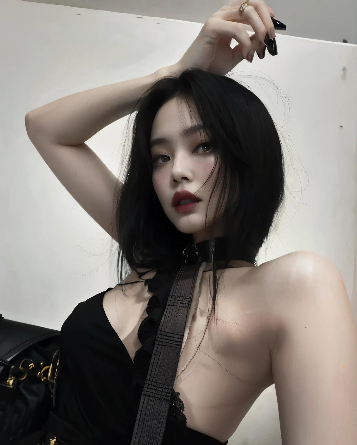 Hay una mujer con un bolso negro posando para una foto, pale goth beauty, cruel korean goth girl, 18 years old, dilraba dilmurat, 1 7 - year - old goth girl, pale fair skin!!, goth girl aesthetic, 2 4 year old female model, Anna Nikolanova aka Newmilky, with pale skin, pale-skinned persian girl