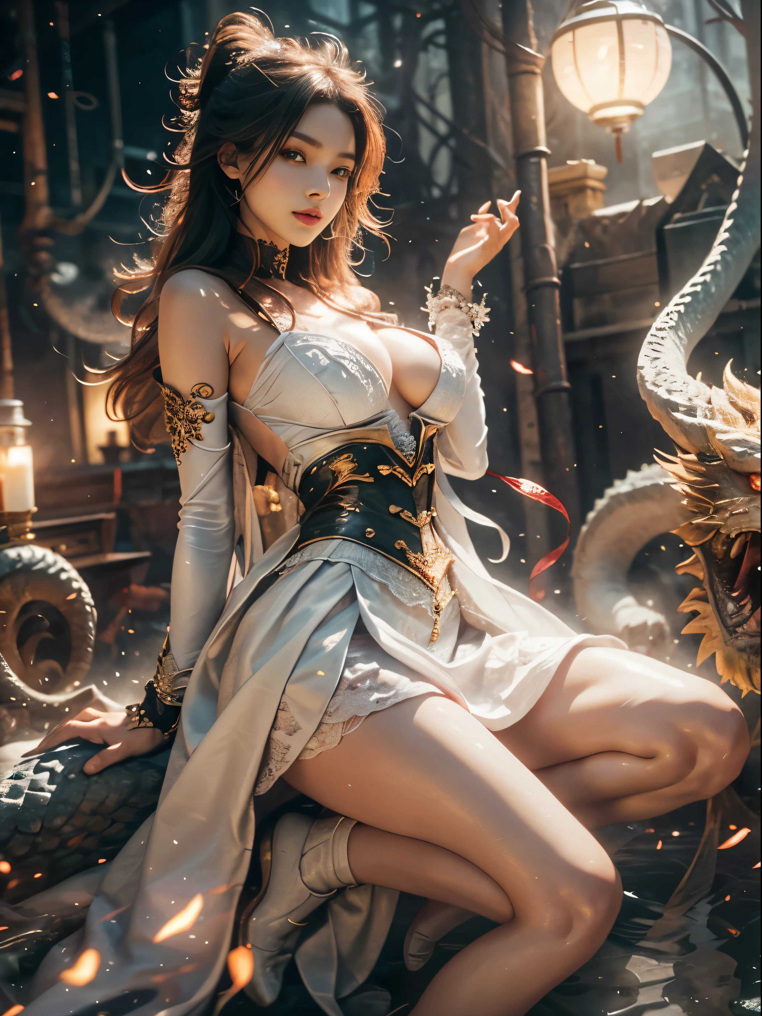 a dragon_True,(Very detailed CG Unity 8k wallpaper,master-piece,Best qualtiy,Ultra - Details,beautiful fine eyes:1.2),Best illumination,(best shadows,Very refined and beautiful,bloom),หญิงสาวรายล้อมไปด้วยa dragon,(1girll:1.4),Nedium chest,single,Esbian Full Body,at a later time,White Dresses,(a dragonหลากสี:1.4),bare legs,Long skirt,master-piece,10,Details of award-winning photos,Marvel,There are subtleties..,Absurd,Highly detailed women,very detailed eyes and face,Eye piercing,large boobs,Photography 4 Kodak Portra 400 f1 Camera。6 types of colorful lenses,พื้นผิวที่สมTrue,Dramatic lighting Ir True Engine ArtStation Cinestill 800 tungsten lamp on trend,high heels,Stocklings