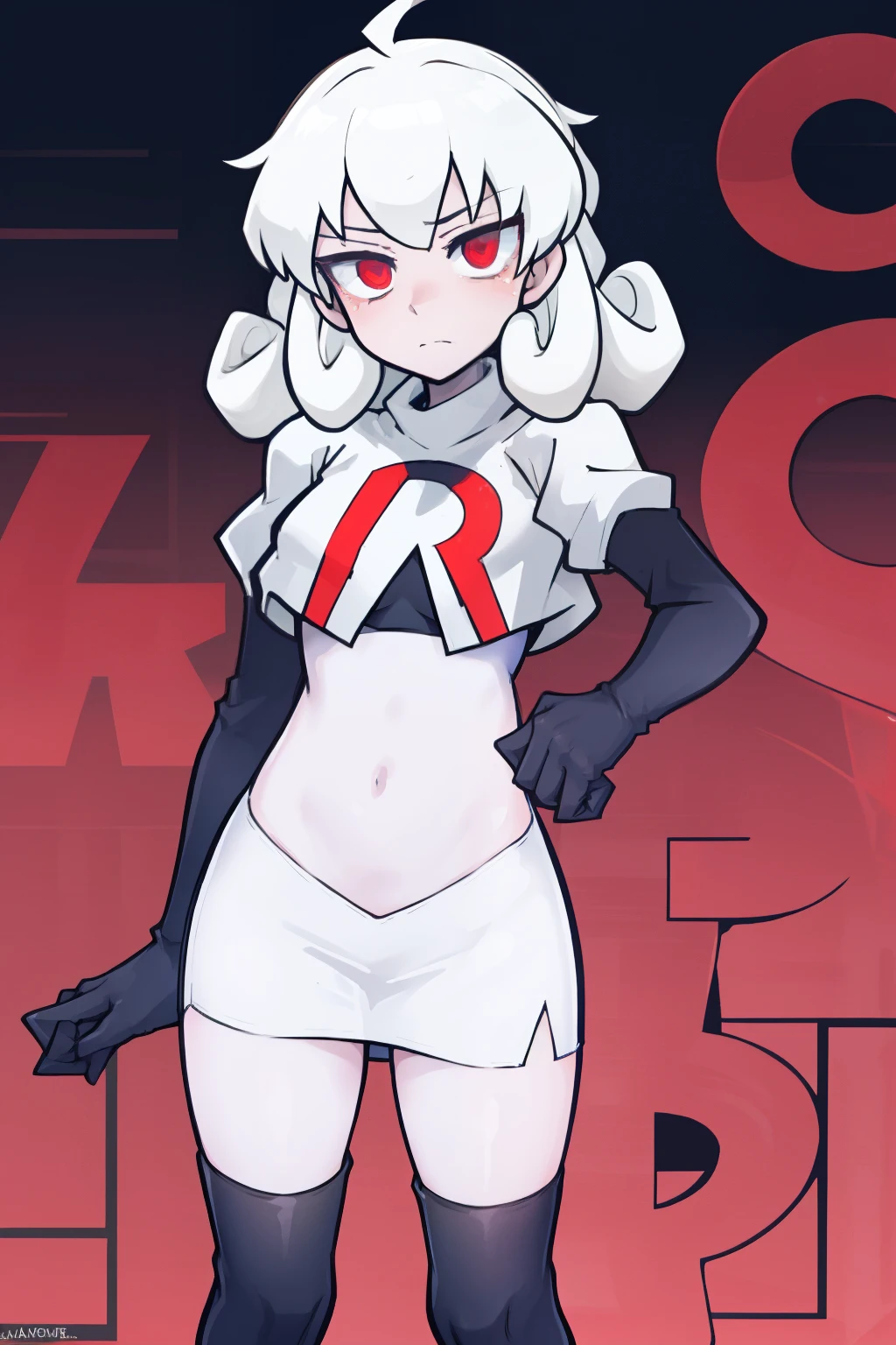 masterpiece, best quality, red eyes, white curly kair, ahoge,team rocket,team rocket uniform,white skirt,red letter R,crop top,black thigh-highs,black elbow gloves, comic strip